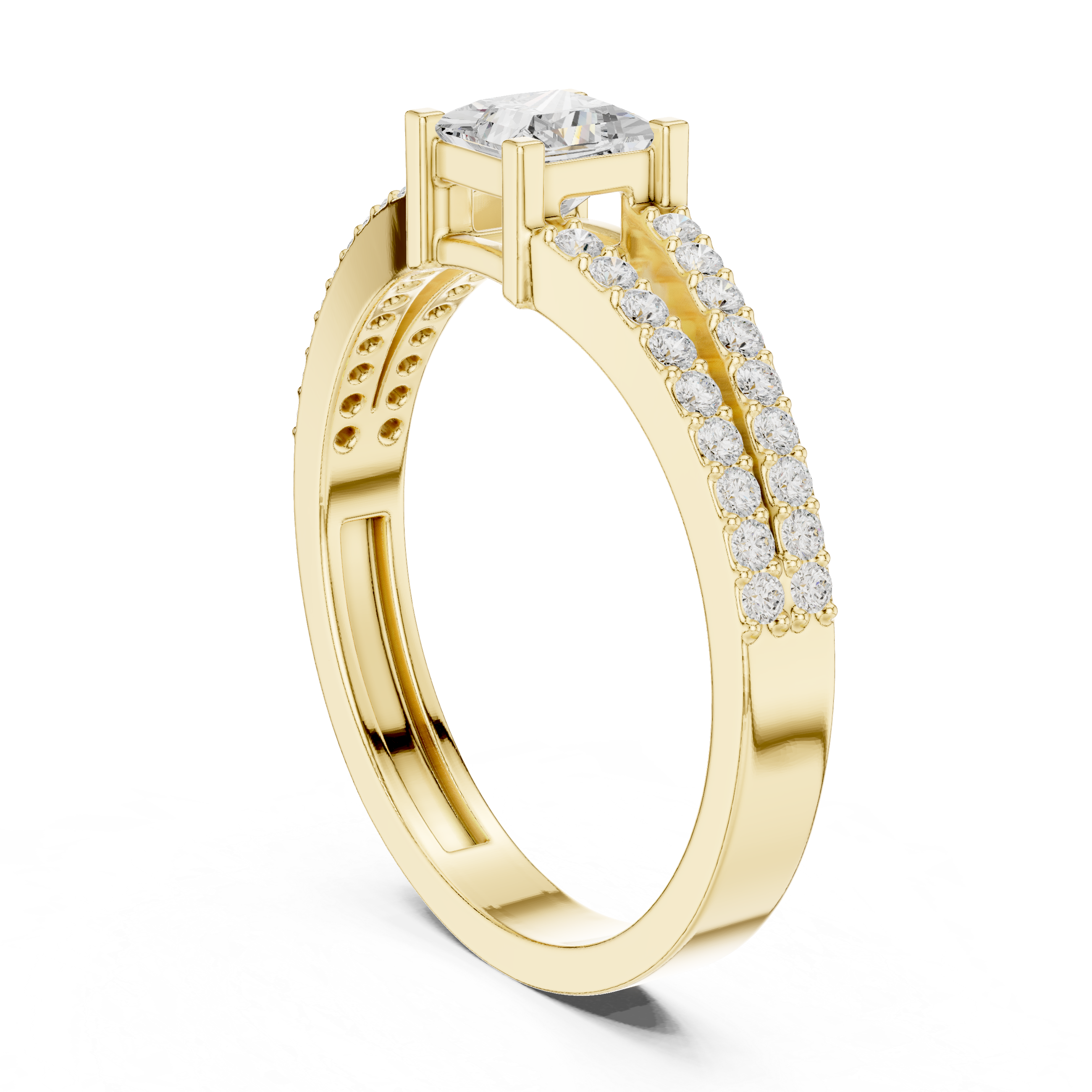Princess Cut Diamond Split Shank Engagement Ring – Double Pavé Band Solitaire Ring