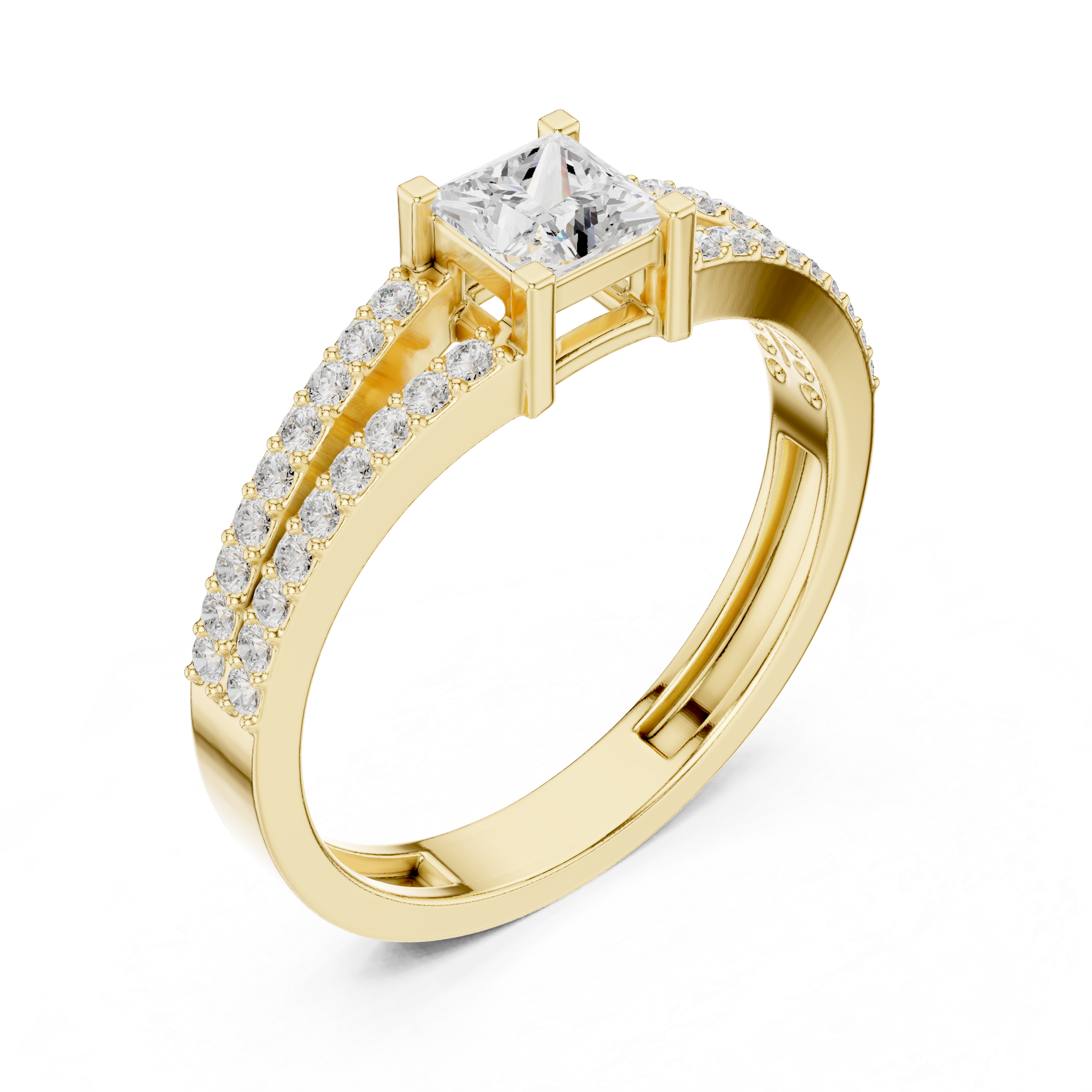 Princess Cut Diamond Split Shank Engagement Ring – Double Pavé Band Solitaire Ring