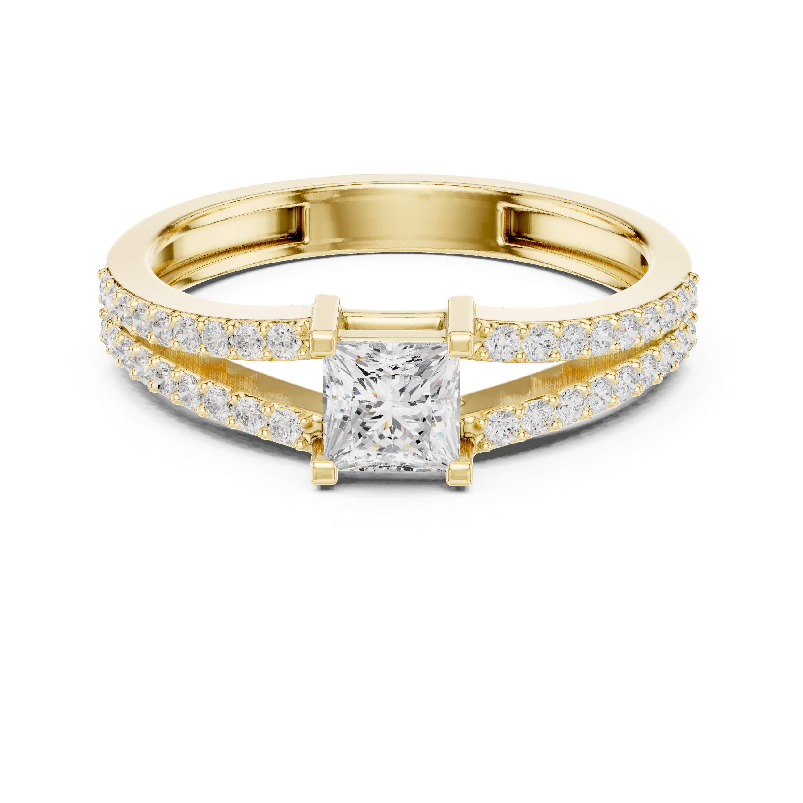 Princess Cut Diamond Split Shank Engagement Ring – Double Pavé Band Solitaire Ring