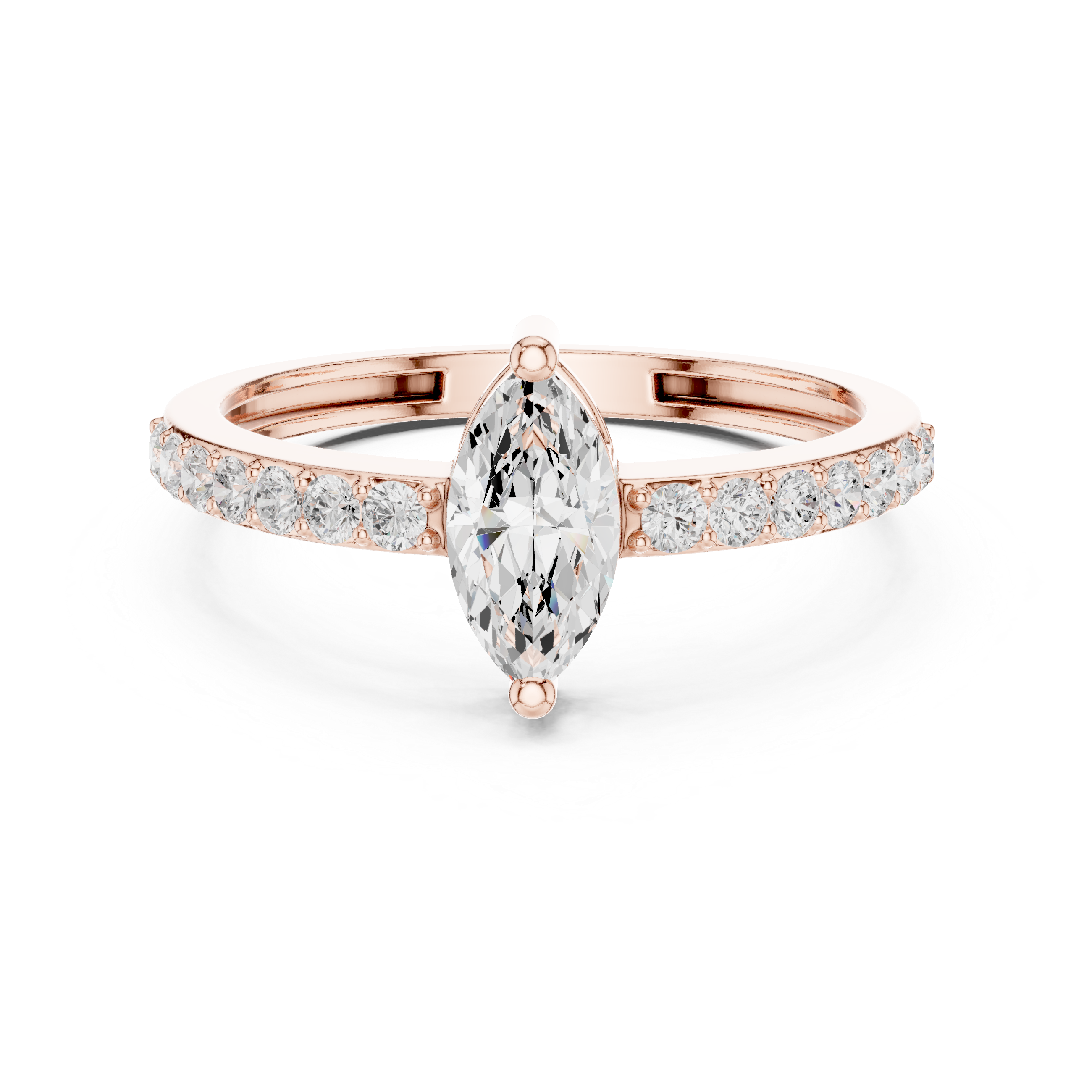 Marquise Cut Diamond Engagement Ring – Pavé Solitaire Ring with Round Diamond Accents