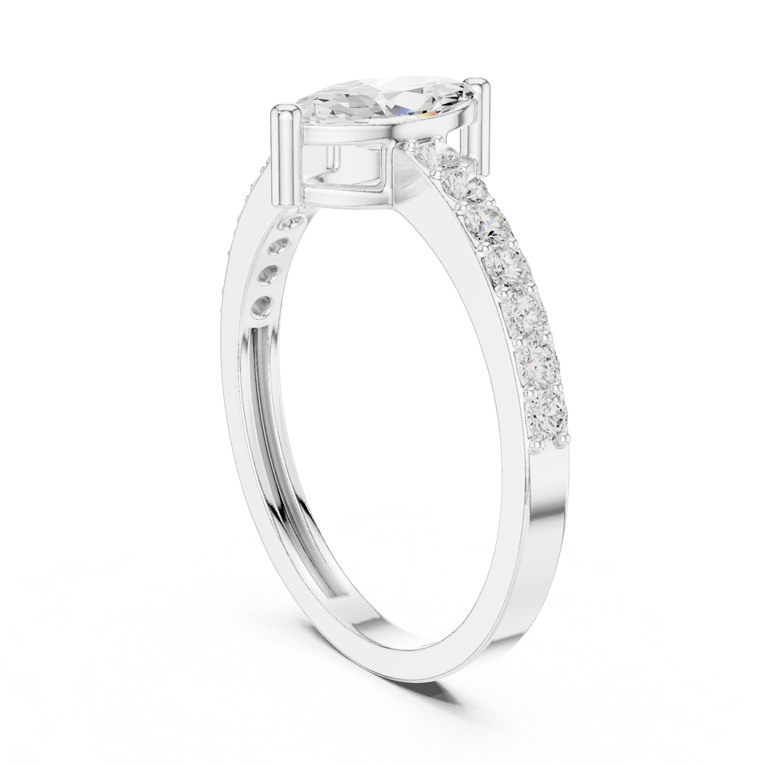 Marquise Cut Diamond Engagement Ring – Pavé Solitaire Ring with Round Diamond Accents