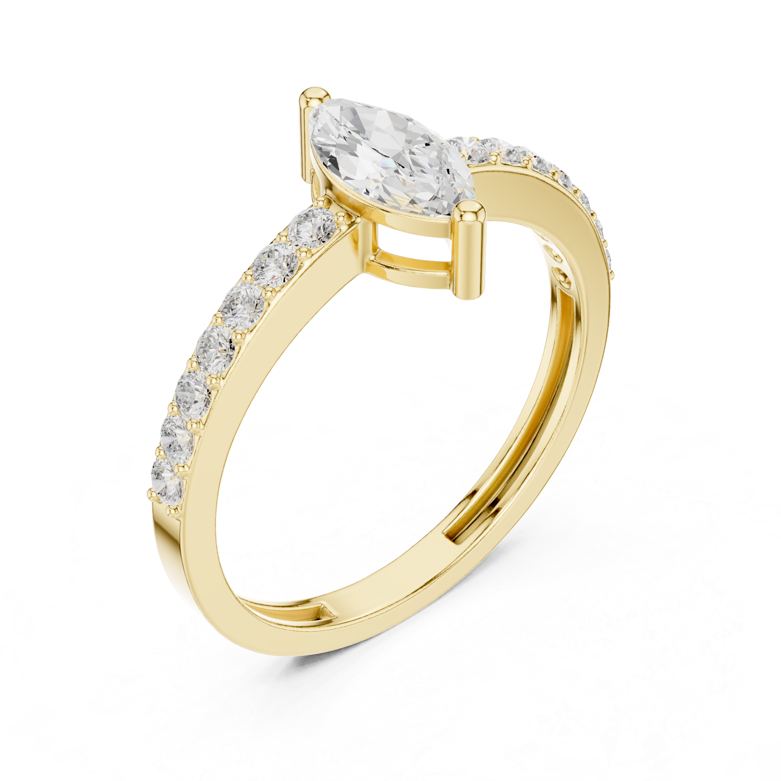Marquise Cut Diamond Engagement Ring – Pavé Solitaire Ring with Round Diamond Accents