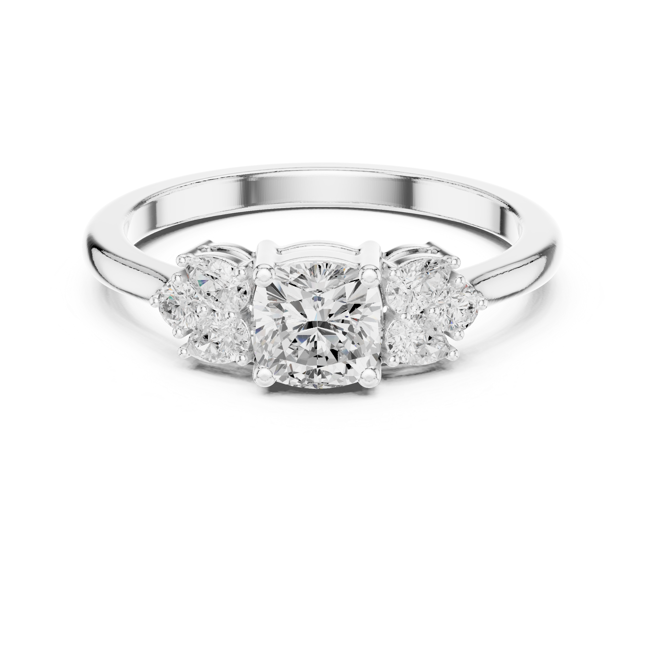 Cushion Cut Diamond Engagement Ring – Three Stone Pear Accent Ring with Vintage-Inspired Elegance
