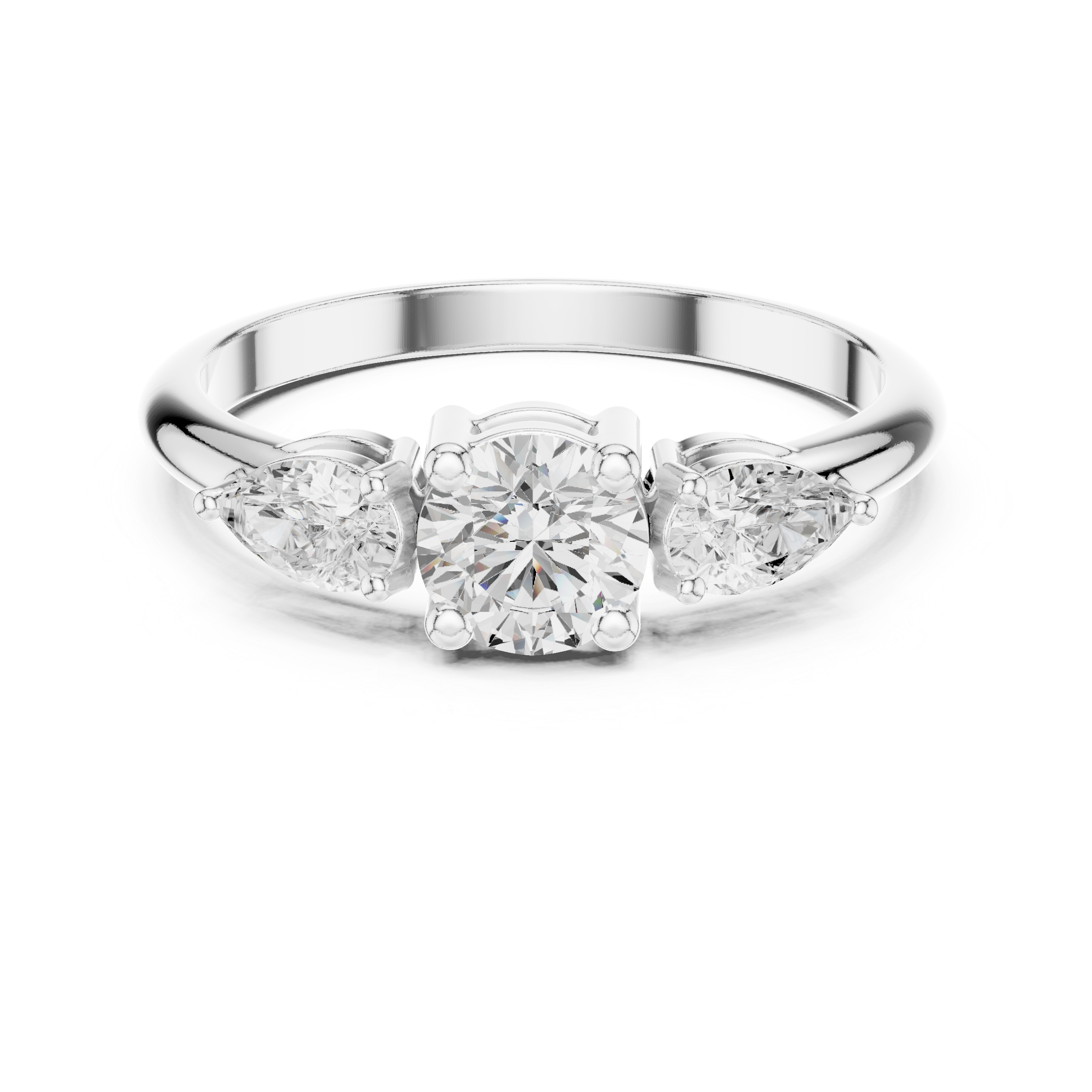 Three Stone Cushion & Pear Diamond Engagement Ring – Classic Trilogy Ring with Pear Side Stones