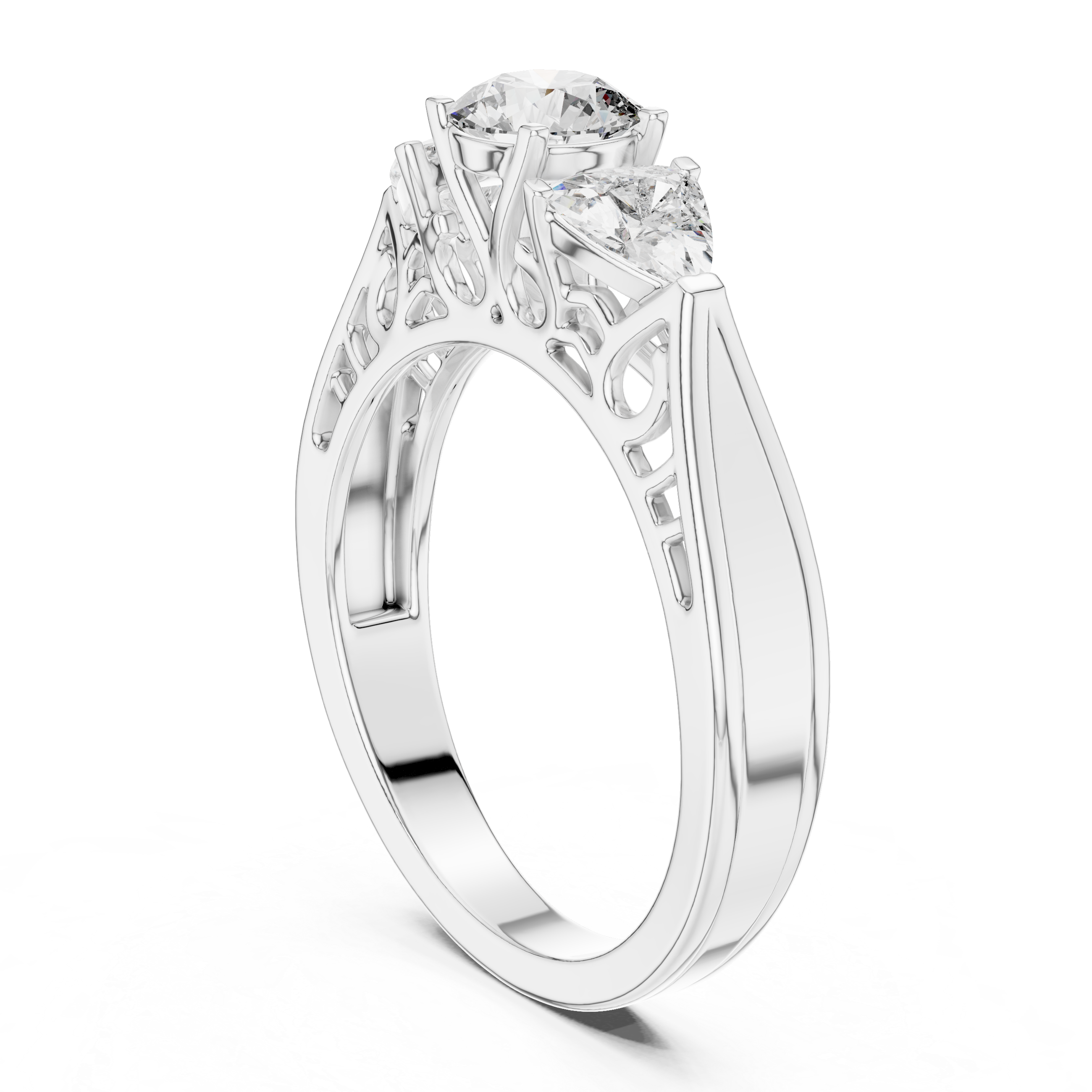 Round Brilliant Three Stone Engagement Ring with Trillion Side Diamonds