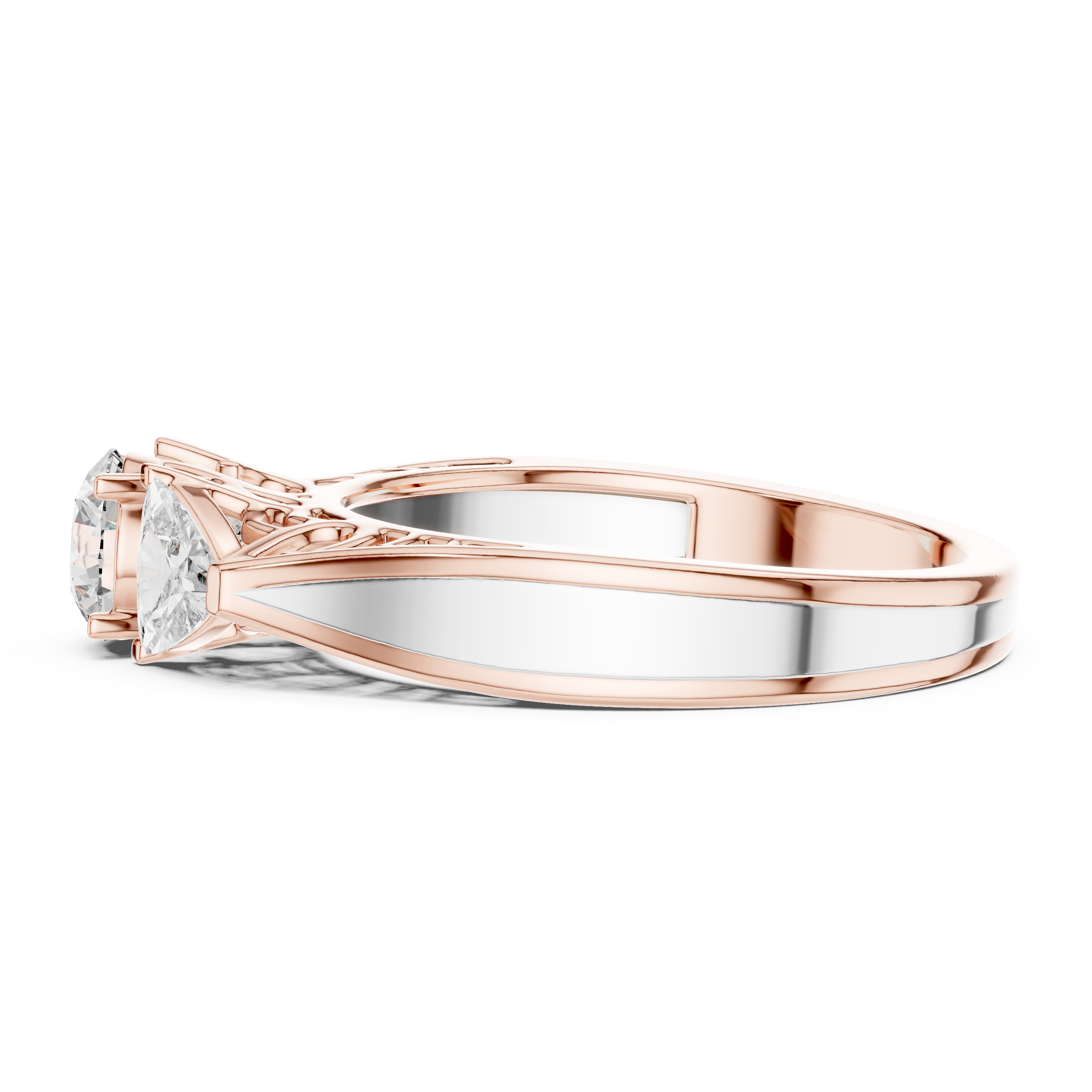 Round Brilliant Three Stone Engagement Ring with Trillion Side Diamonds