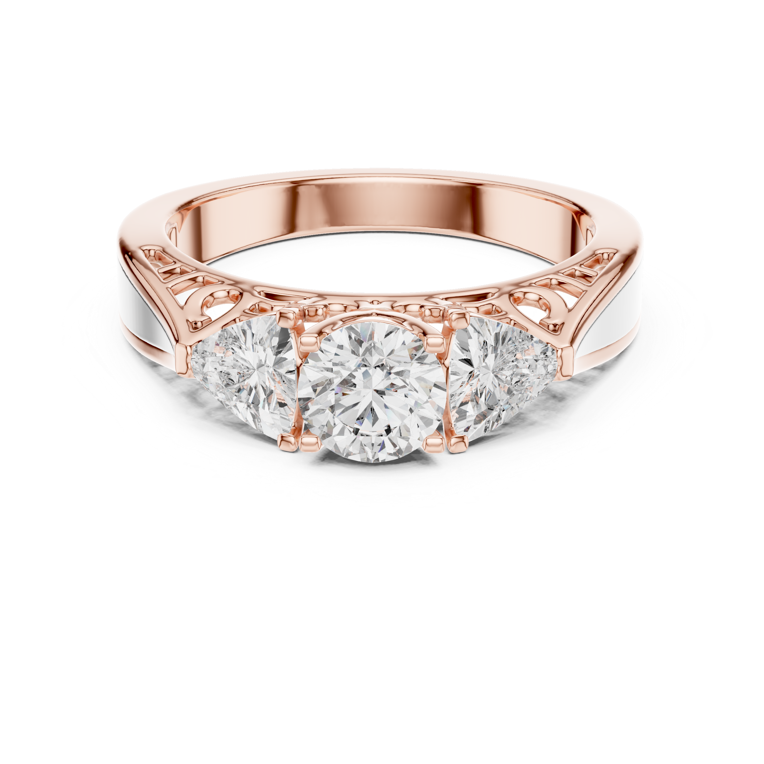 Round Brilliant Three Stone Engagement Ring with Trillion Side Diamonds