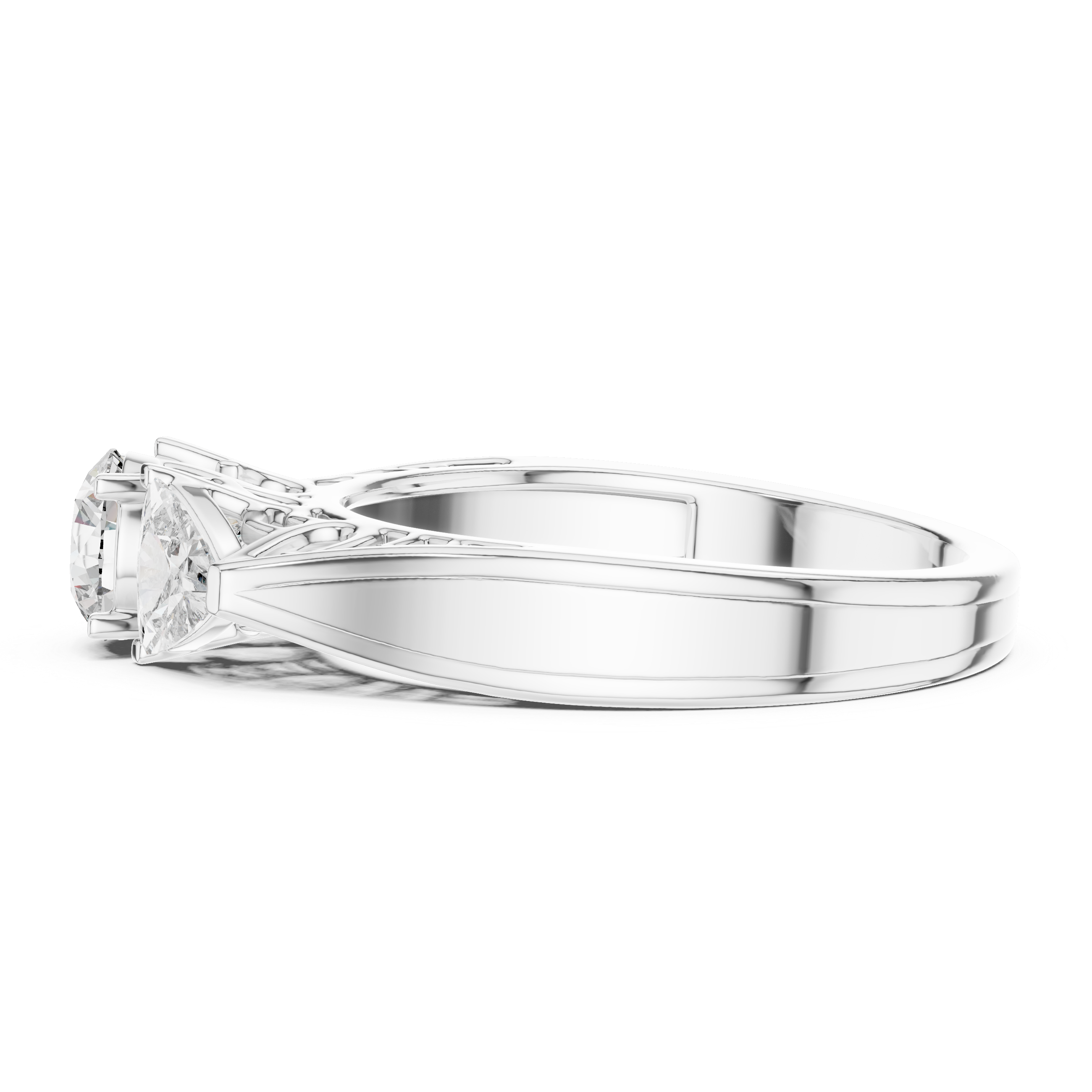 Round Brilliant Three Stone Engagement Ring with Trillion Side Diamonds