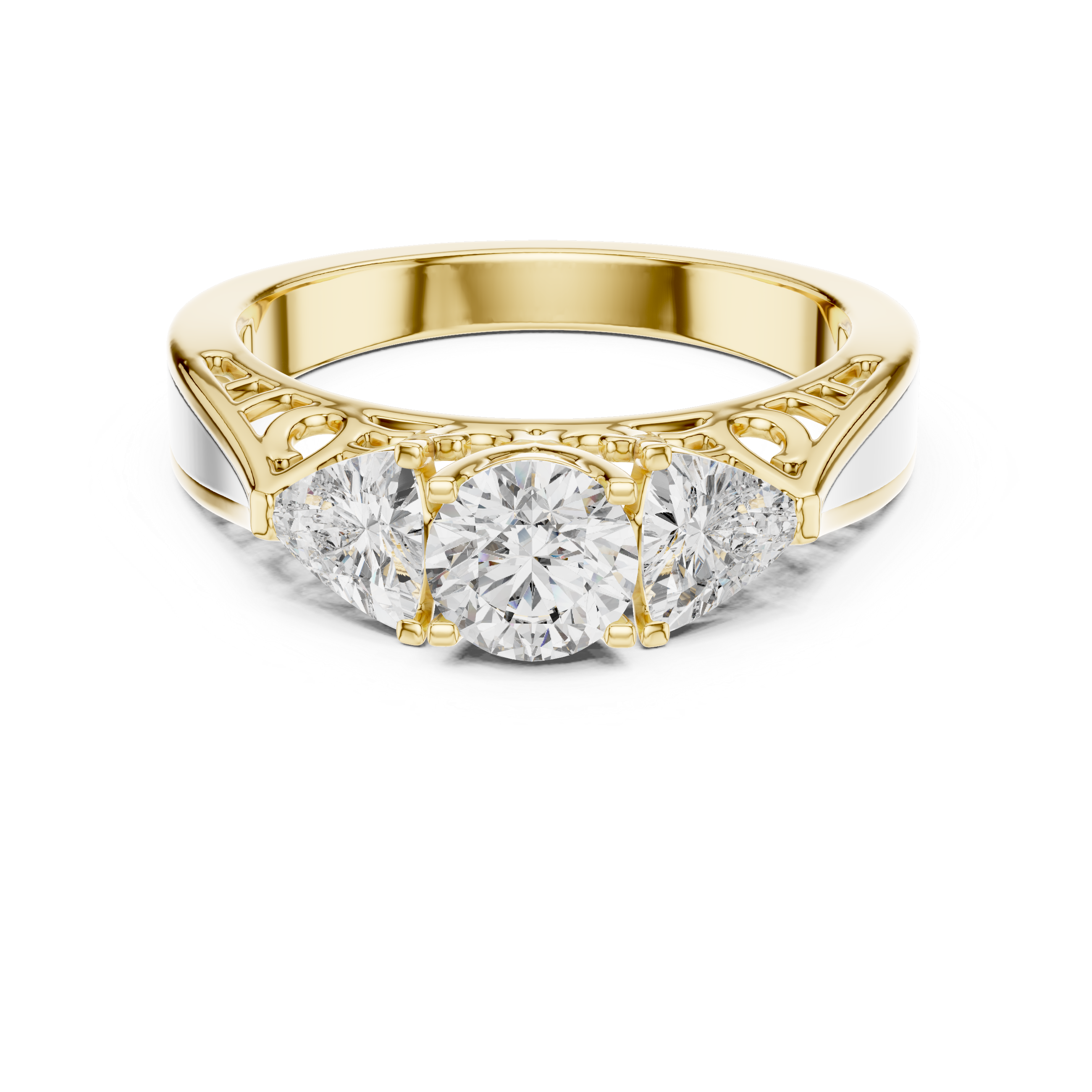 Round Brilliant Three Stone Engagement Ring with Trillion Side Diamonds