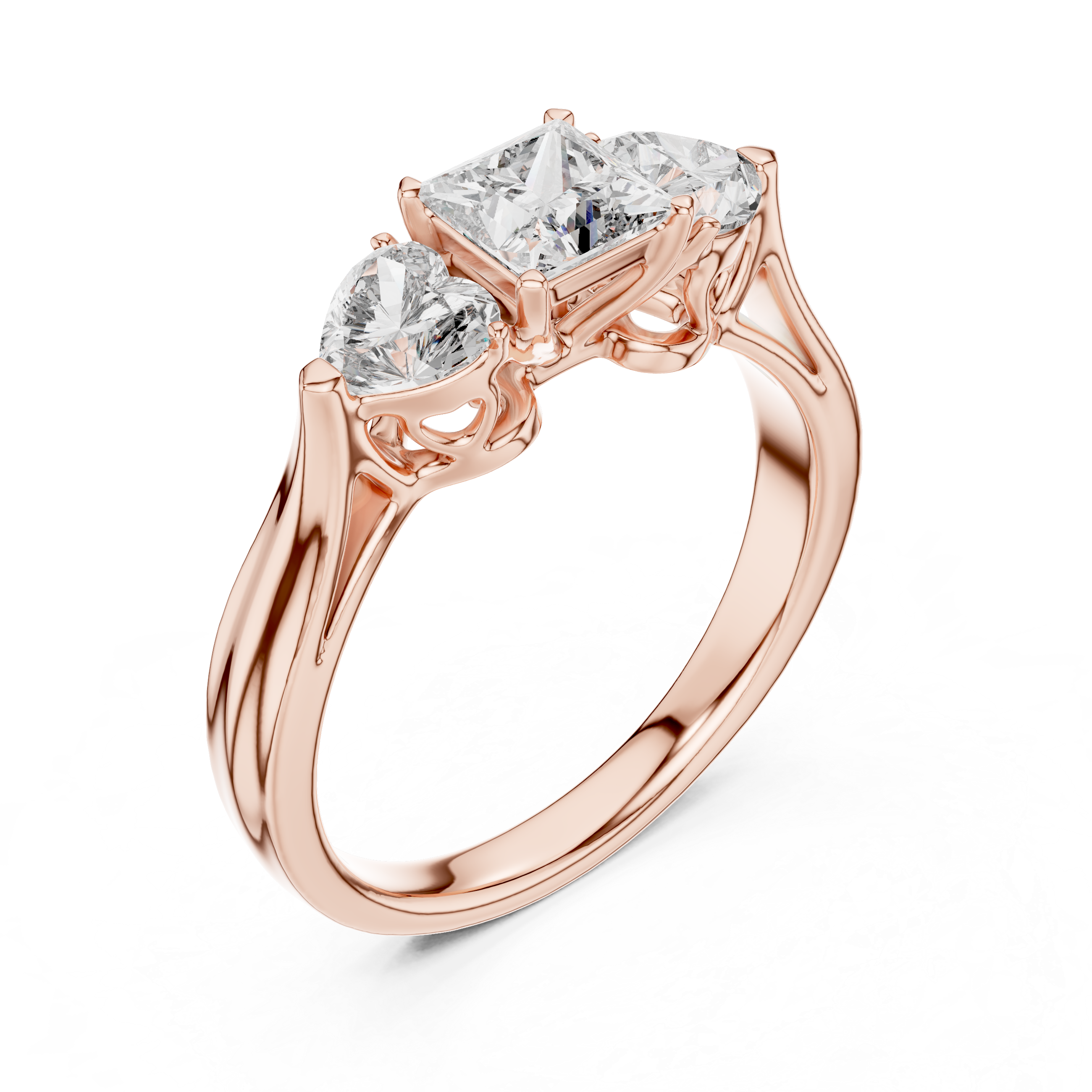 Princess Cut Three Stone Engagement Ring with Heart Side Diamonds