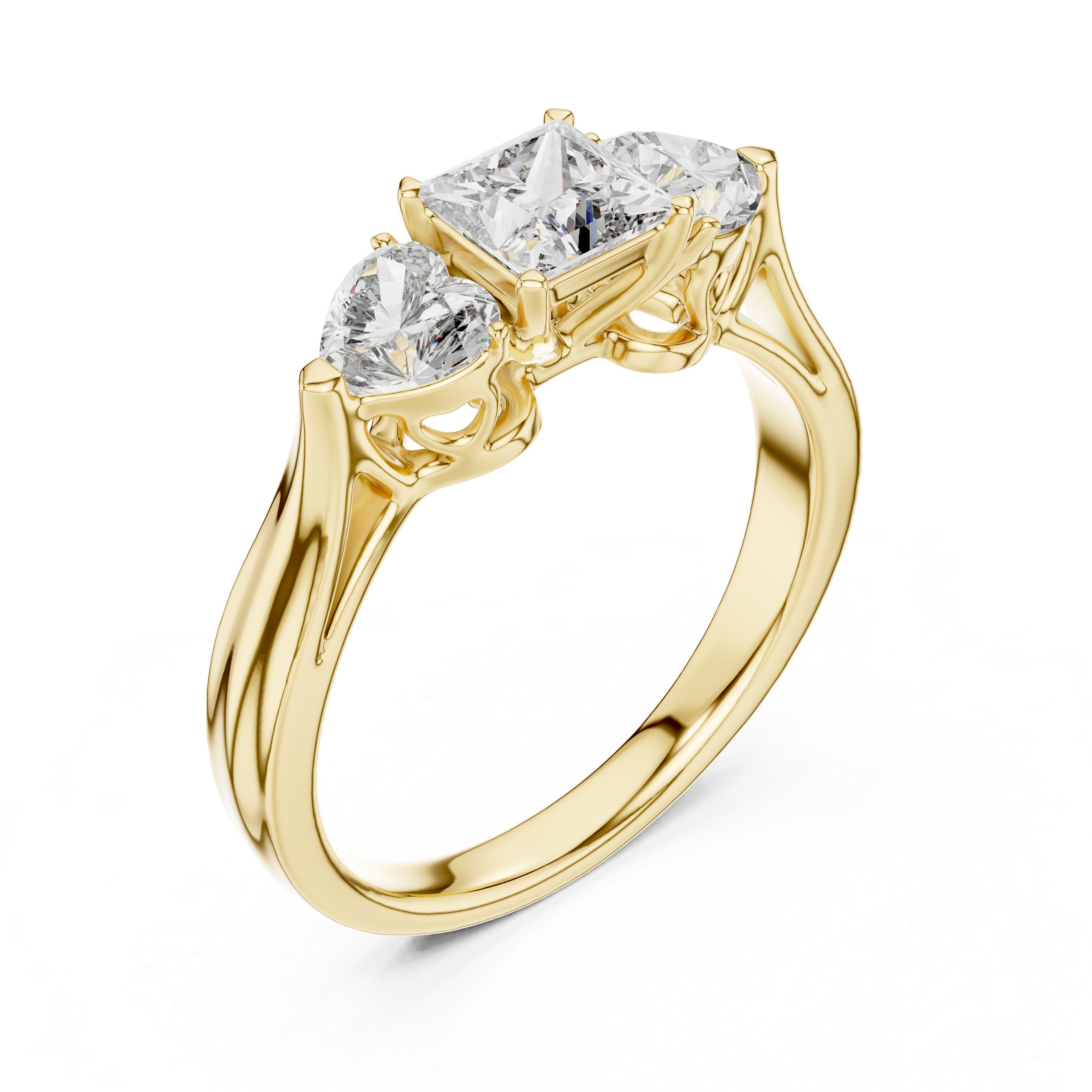 Princess Cut Three Stone Engagement Ring with Heart Side Diamonds