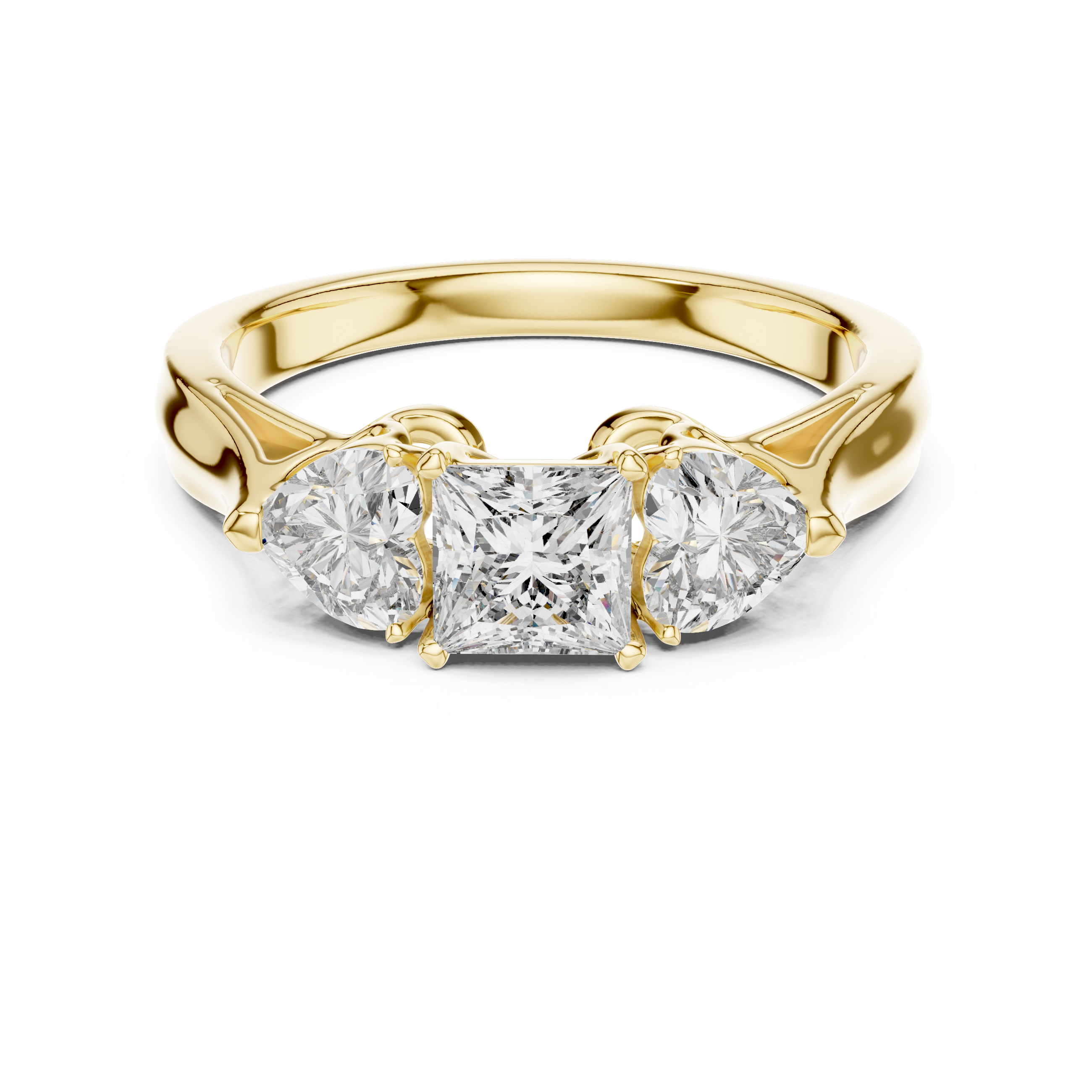 Princess Cut Three Stone Engagement Ring with Heart Side Diamonds