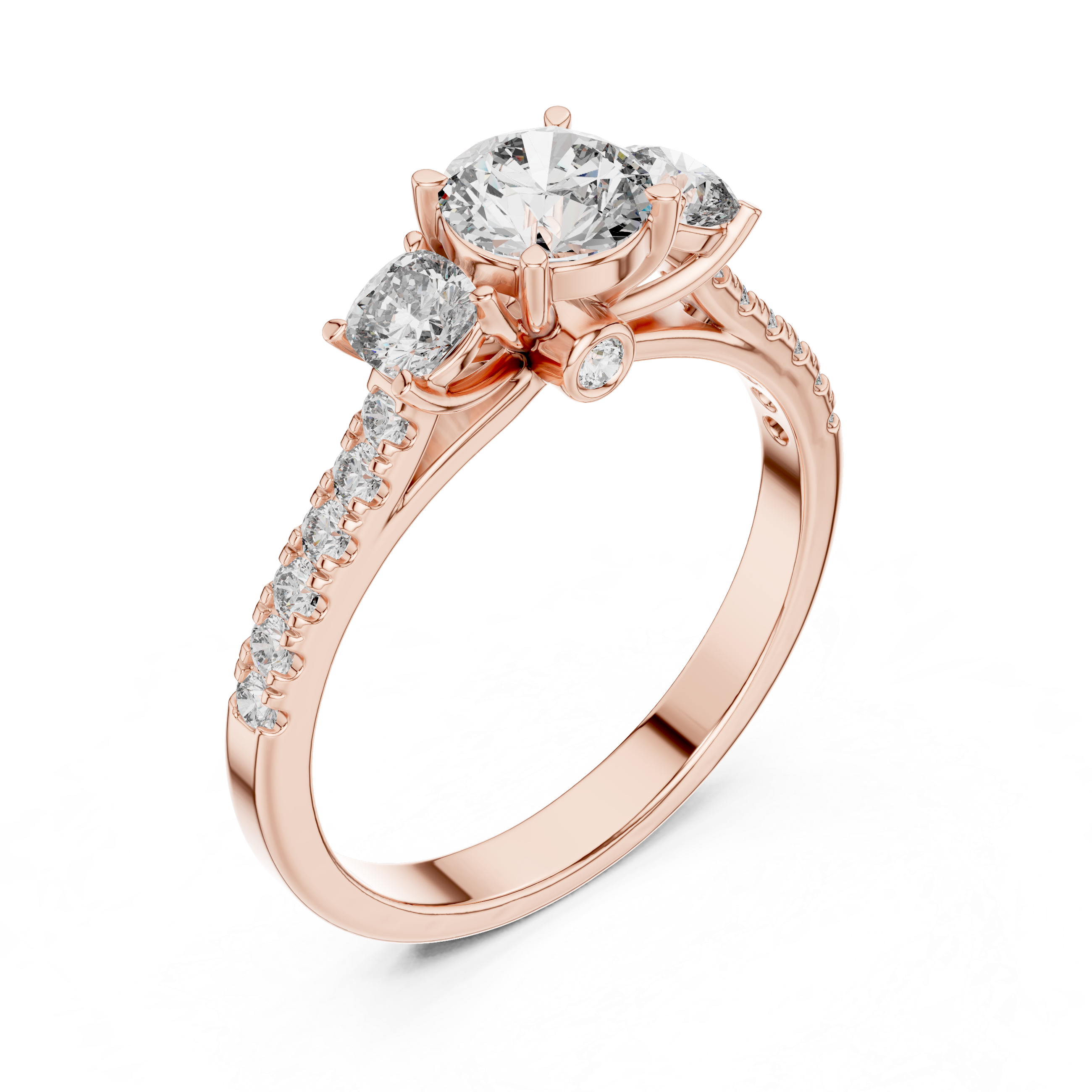 Three Stone Cushion Cut Engagement Ring with Pavé Diamond Band