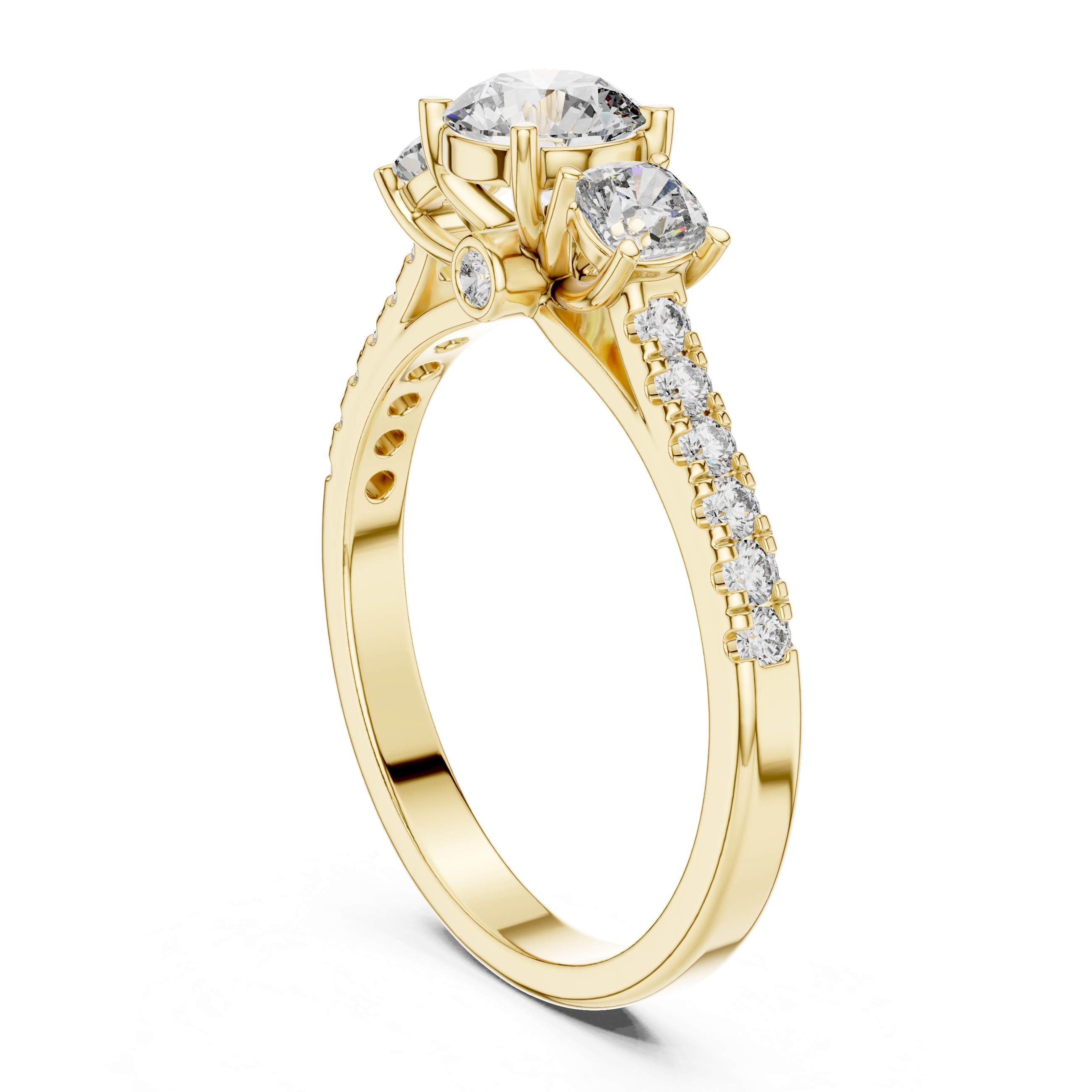 Three Stone Cushion Cut Engagement Ring with Pavé Diamond Band