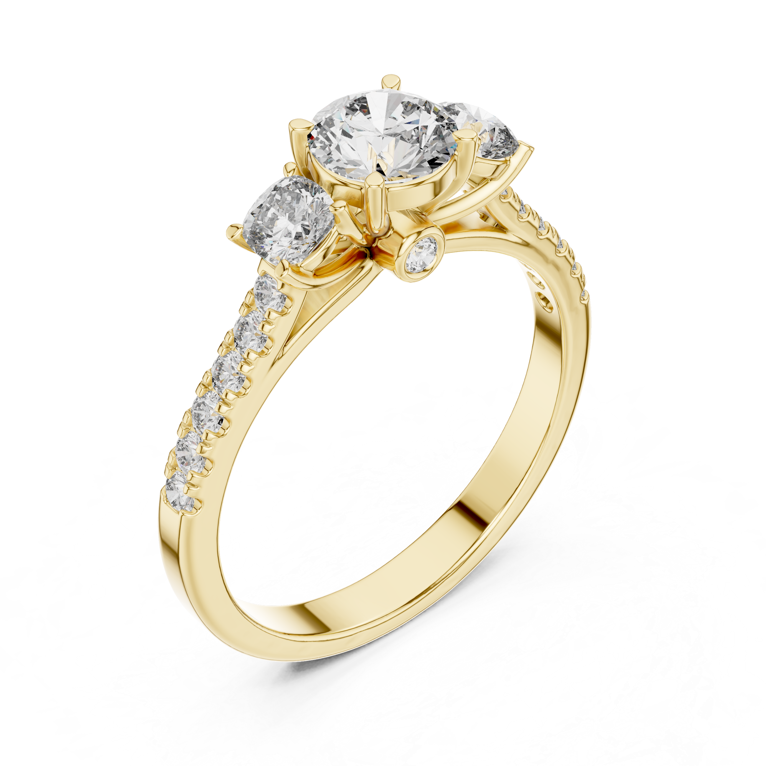 Three Stone Cushion Cut Engagement Ring with Pavé Diamond Band