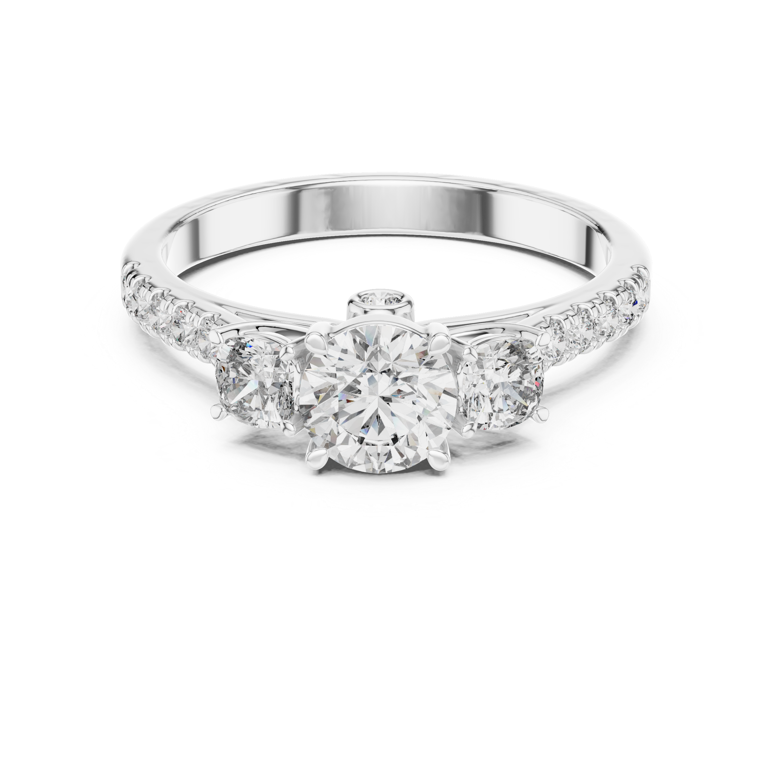 Three Stone Cushion Cut Engagement Ring with Pavé Diamond Band