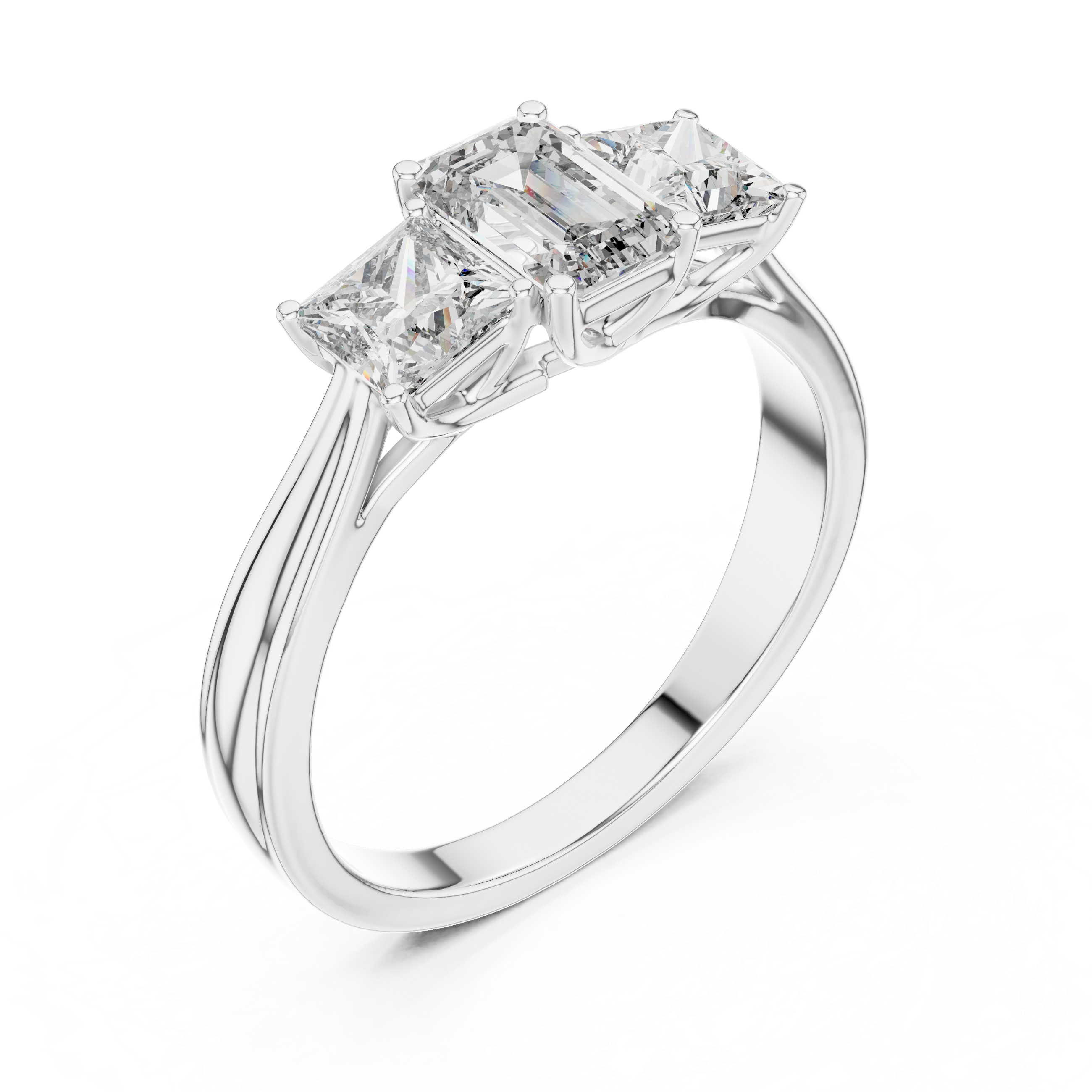Emerald Cut Three Stone Engagement Ring with Princess Side Diamonds