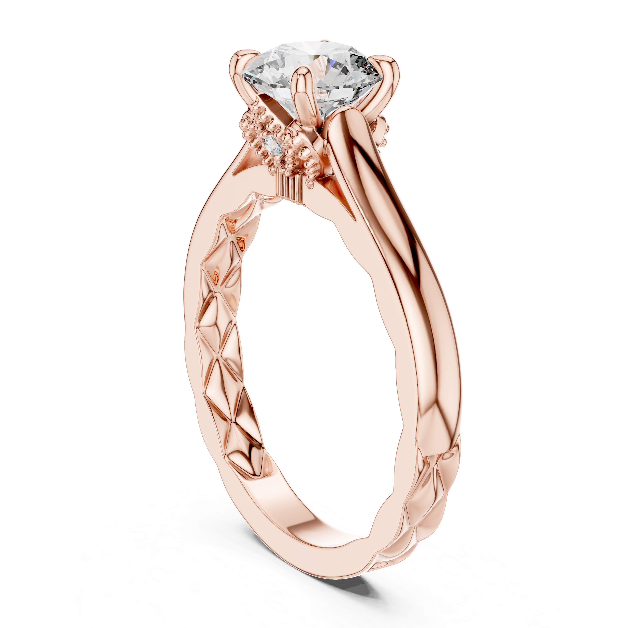 Round Cut Solitaire Engagement Ring with Sculpted Diamond Accent Gallery