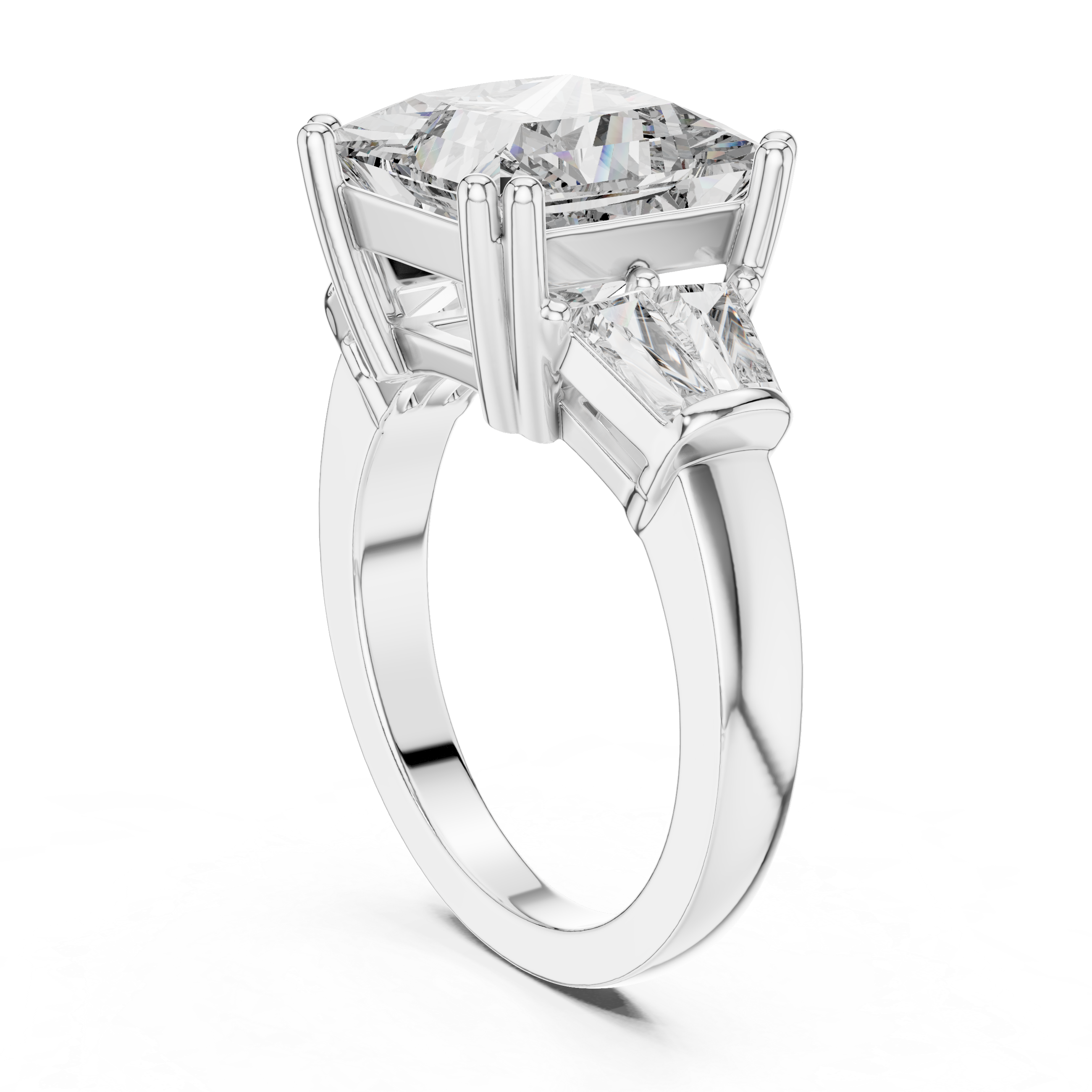 Princess Cut Three Stone Engagement Ring with Tapered Baguette Diamonds