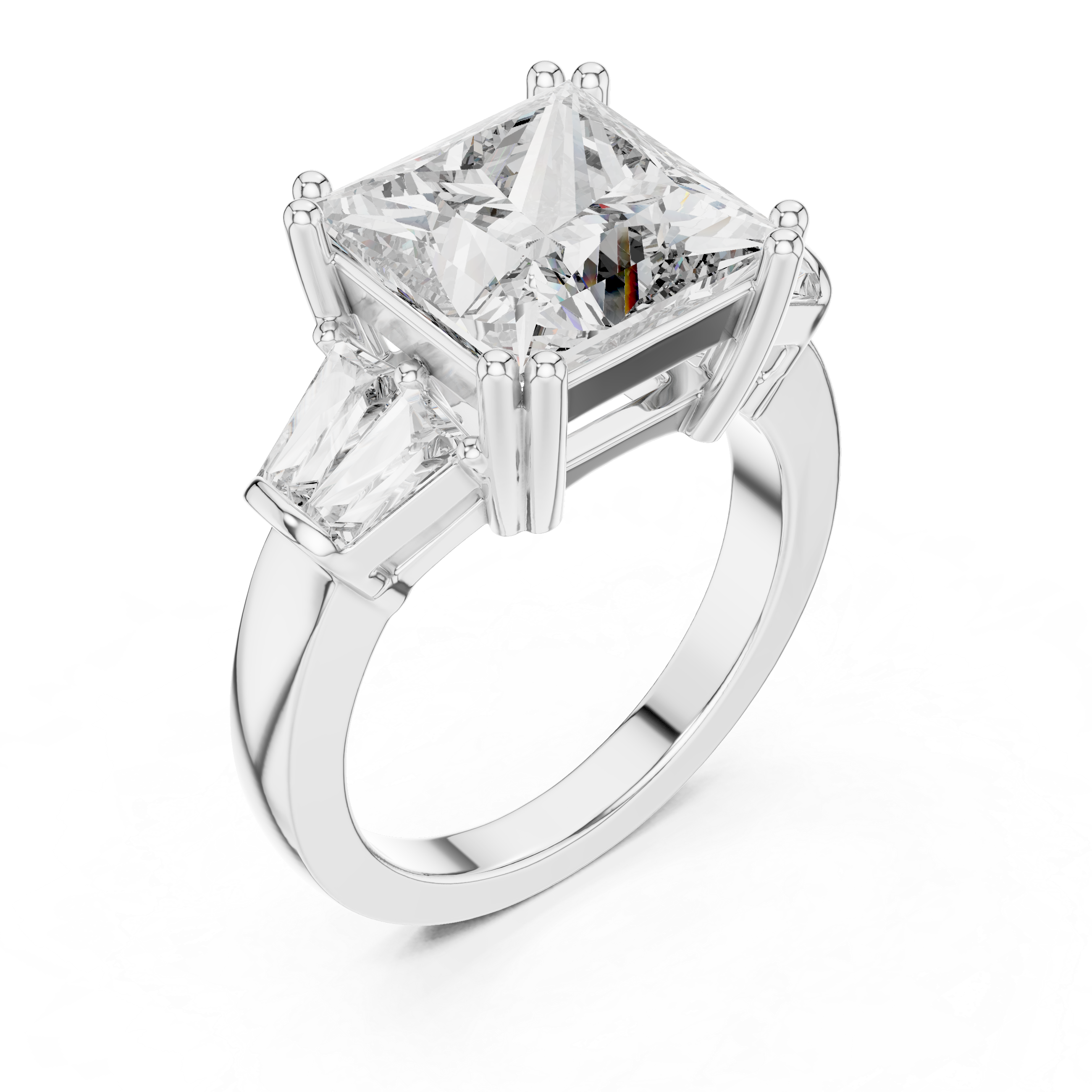 Princess Cut Three Stone Engagement Ring with Tapered Baguette Diamonds