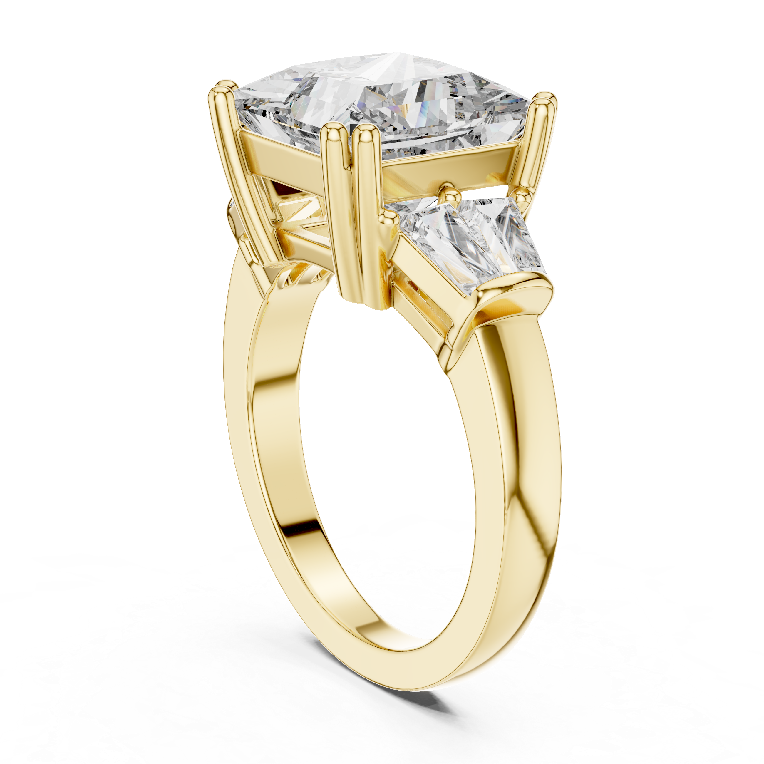 Princess Cut Three Stone Engagement Ring with Tapered Baguette Diamonds