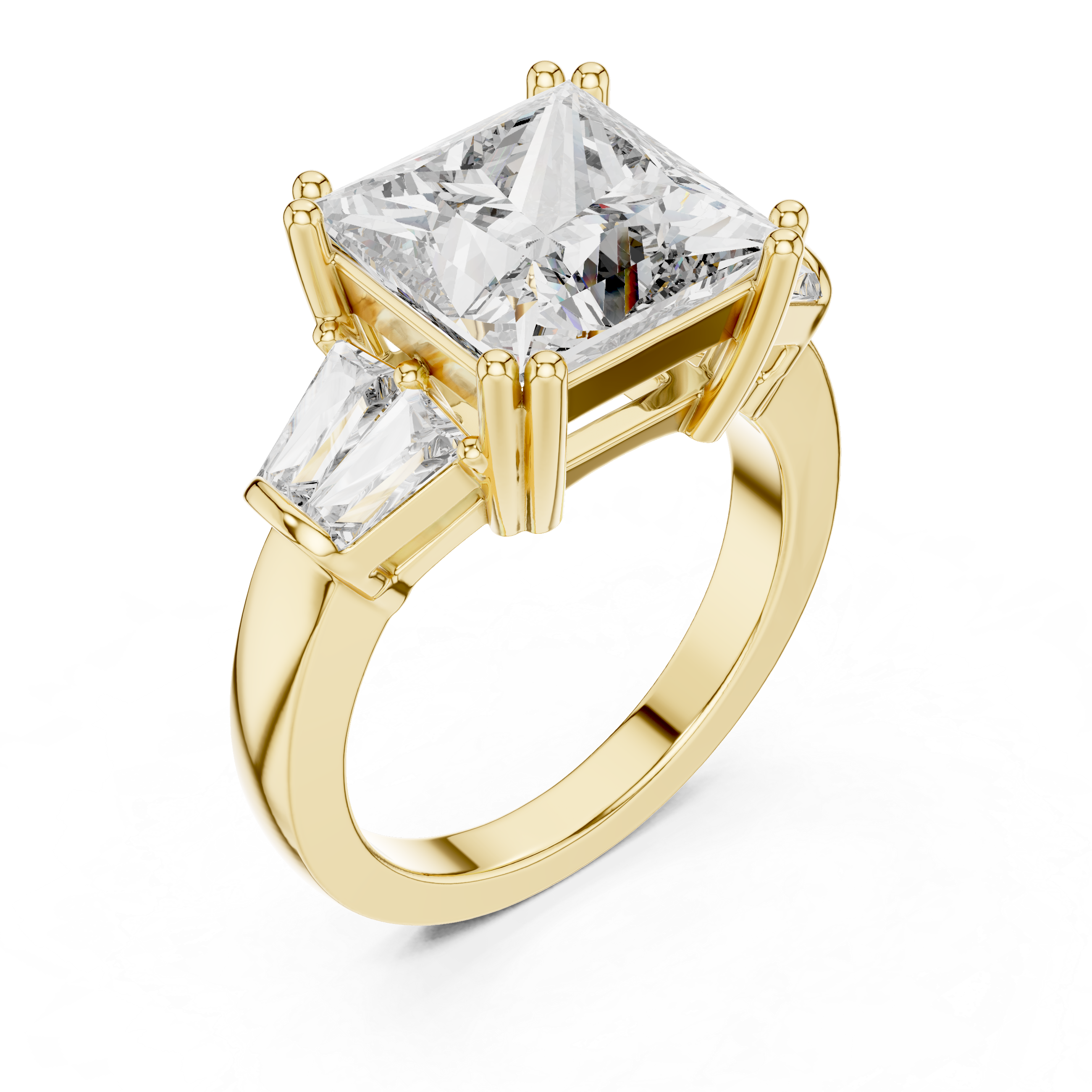 Princess Cut Three Stone Engagement Ring with Tapered Baguette Diamonds