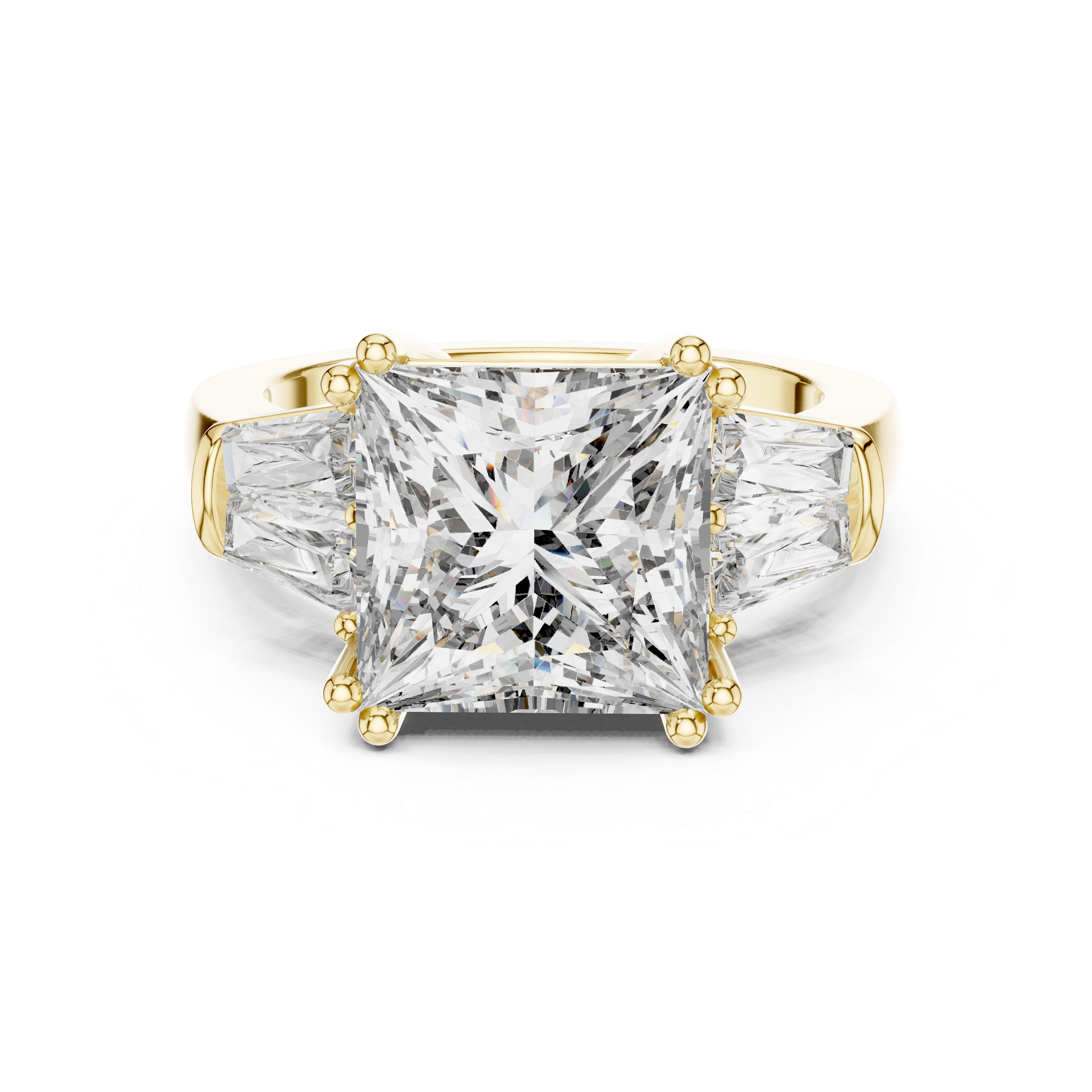 Princess Cut Three Stone Engagement Ring with Tapered Baguette Diamonds