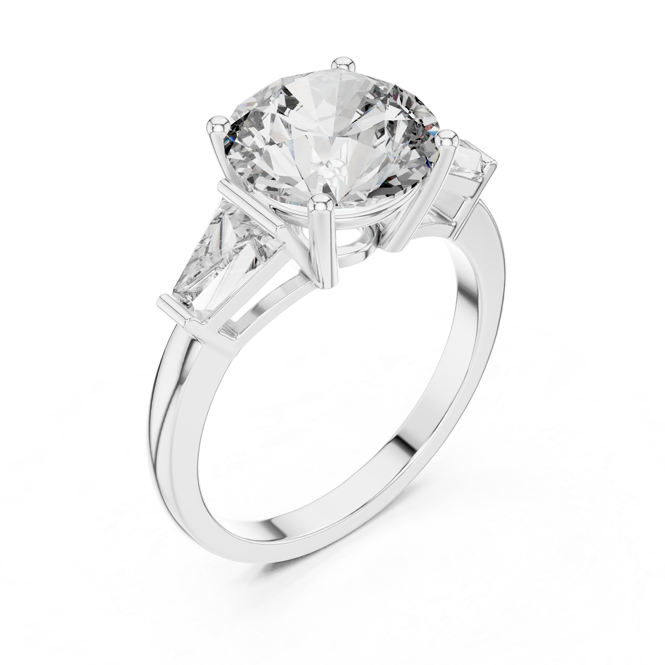 Round Brilliant Three Stone Engagement Ring with Tapered Baguette Side Diamonds