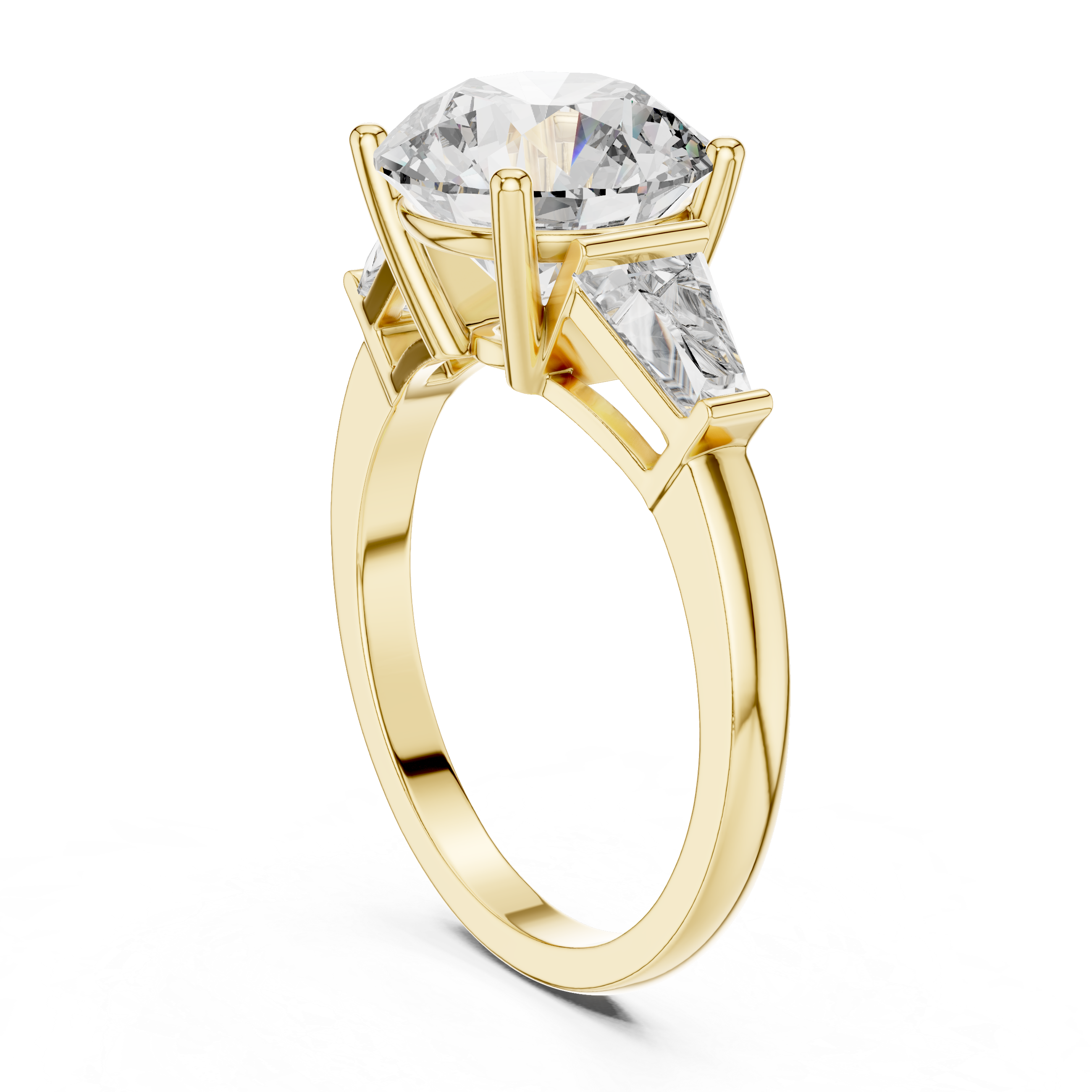 Round Brilliant Three Stone Engagement Ring with Tapered Baguette Side Diamonds