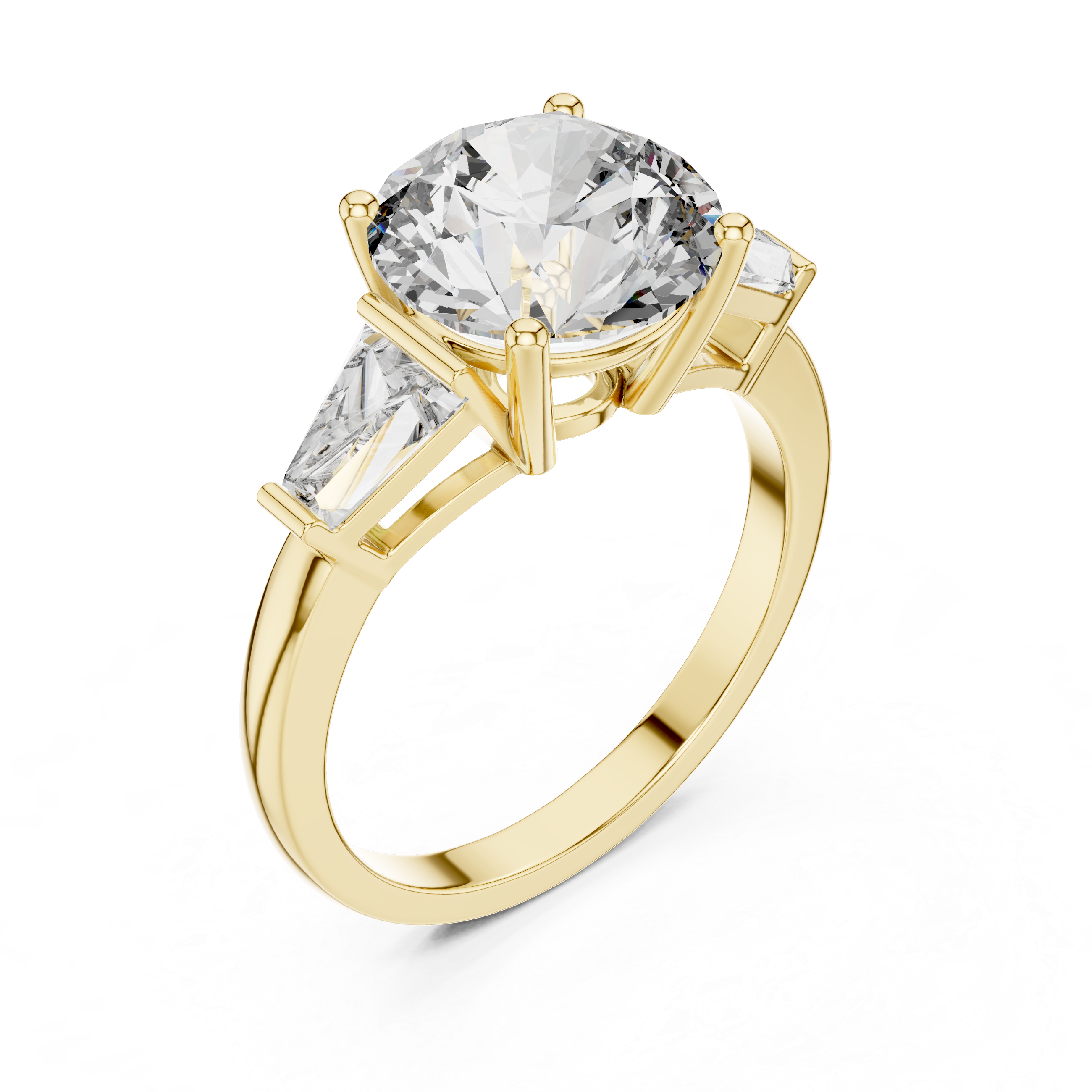 Round Brilliant Three Stone Engagement Ring with Tapered Baguette Side Diamonds