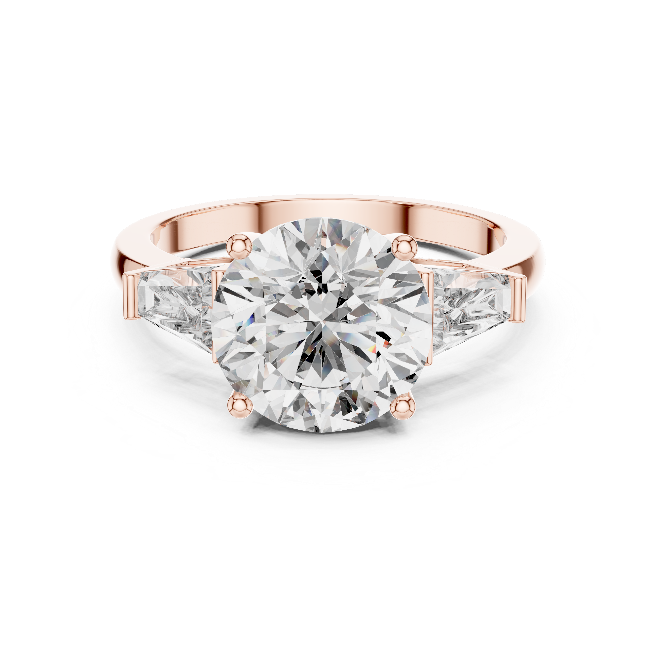 Round Brilliant Three Stone Engagement Ring with Tapered Baguette Side Diamonds