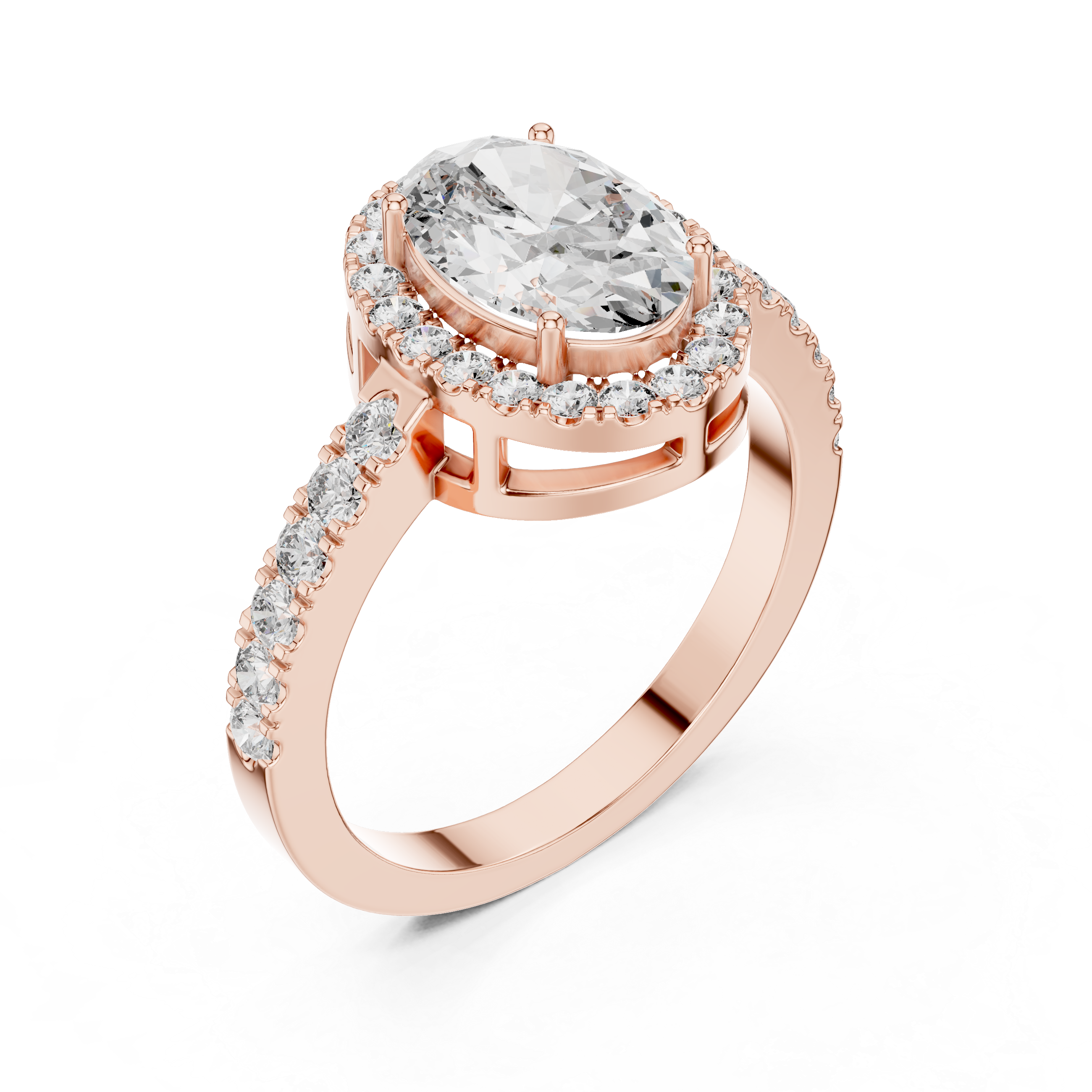 Oval Cut Halo Engagement Ring with Pavé Diamond Band