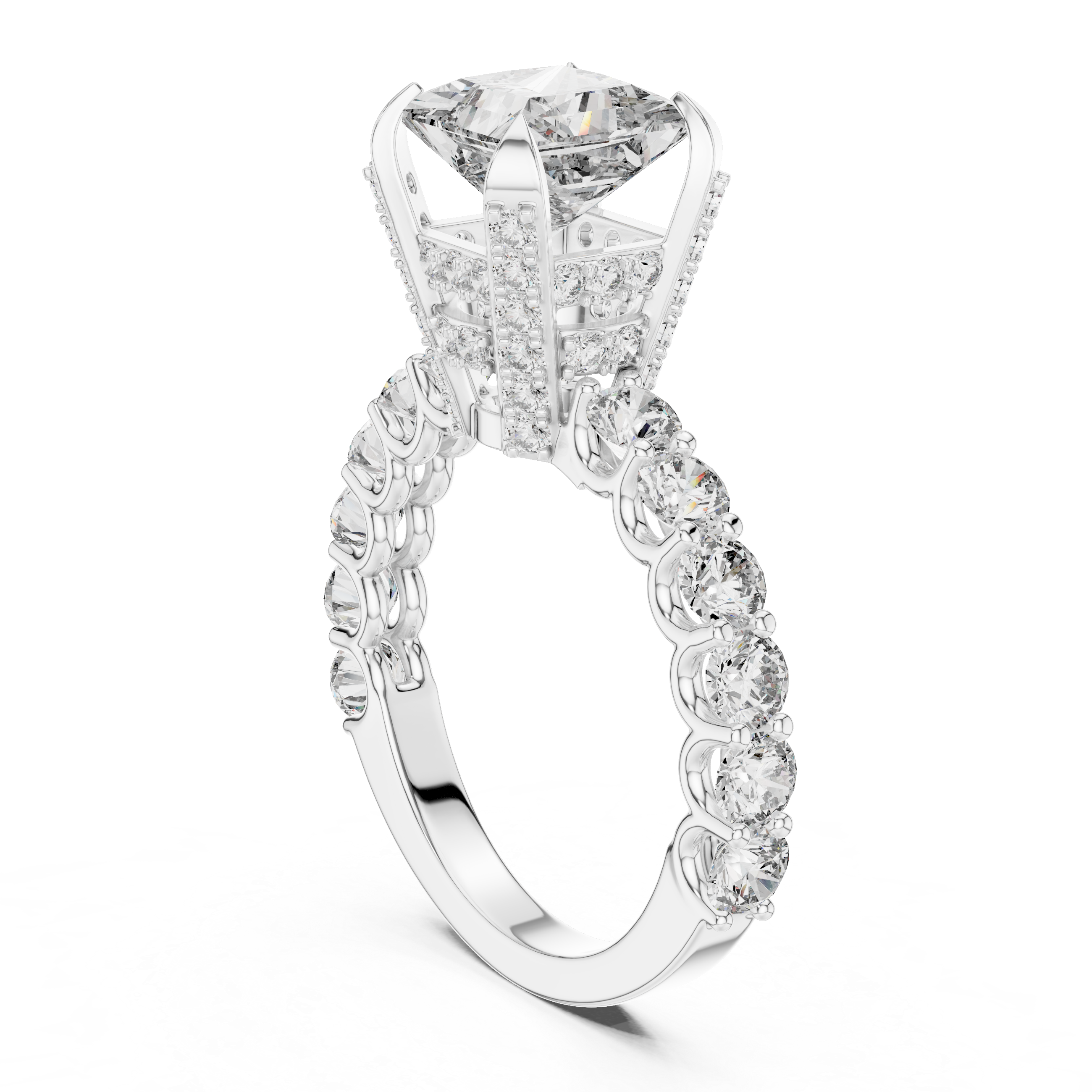 Princess Cut Engagement Ring with Diamond Pavé Cathedral Setting