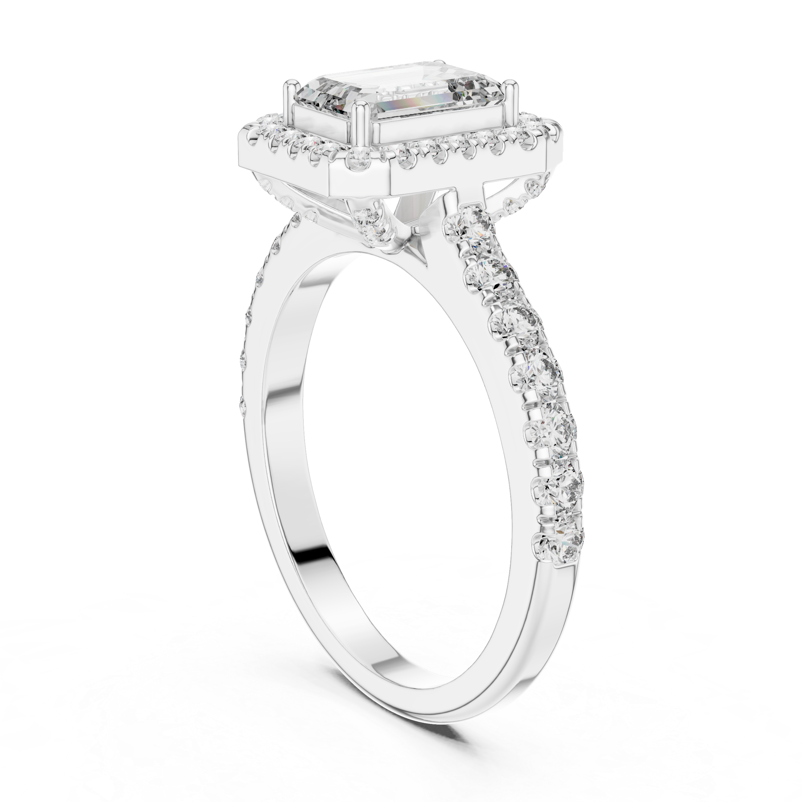 Emerald Cut Halo Engagement Ring with Pavé Diamond Band