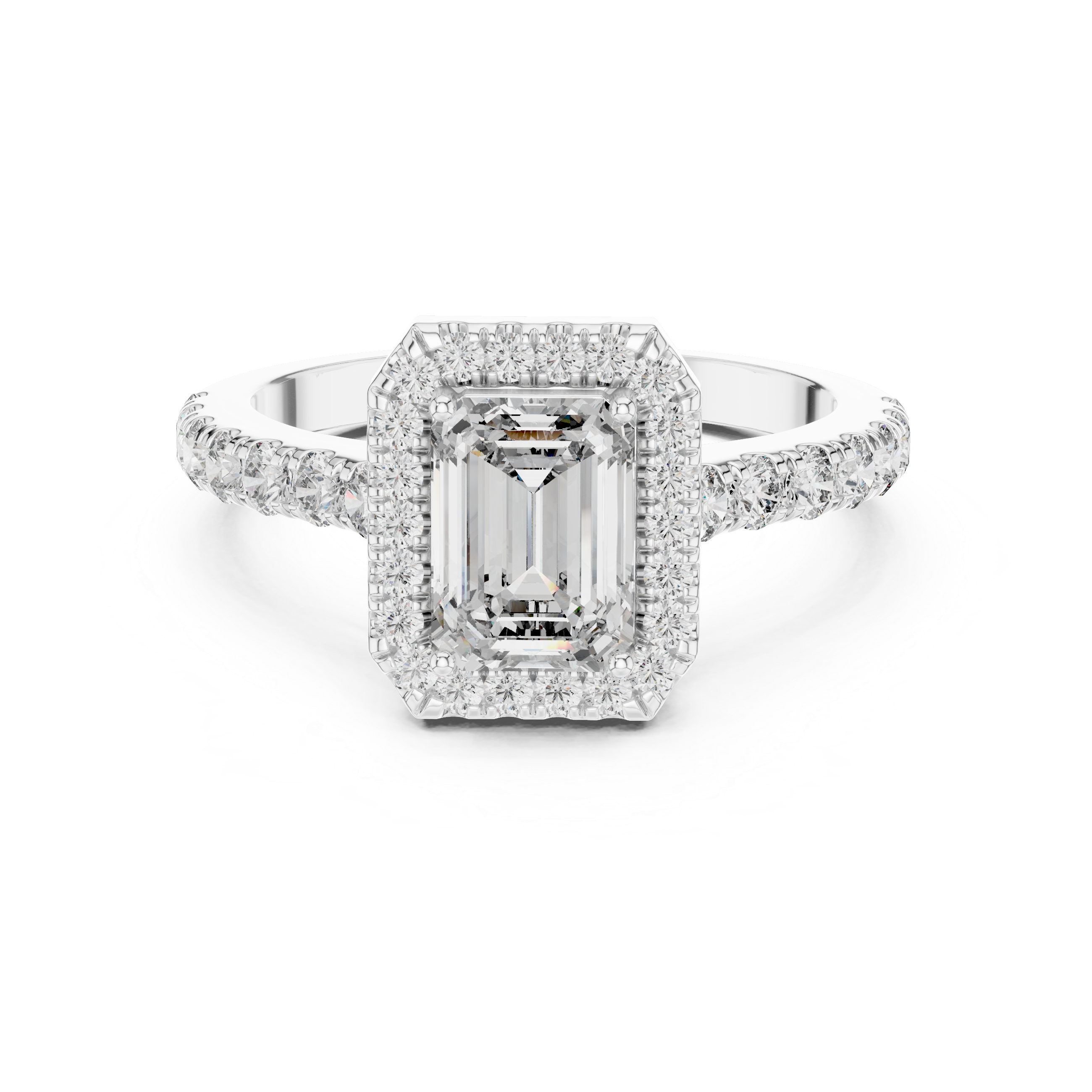 Emerald Cut Halo Engagement Ring with Pavé Diamond Band