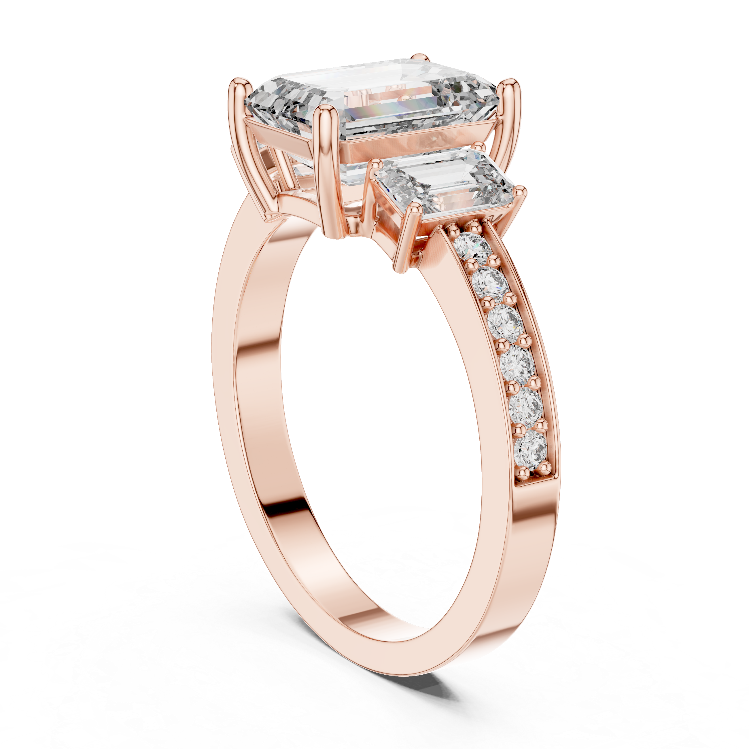 Emerald Cut Three Stone Engagement Ring with Pavé Band