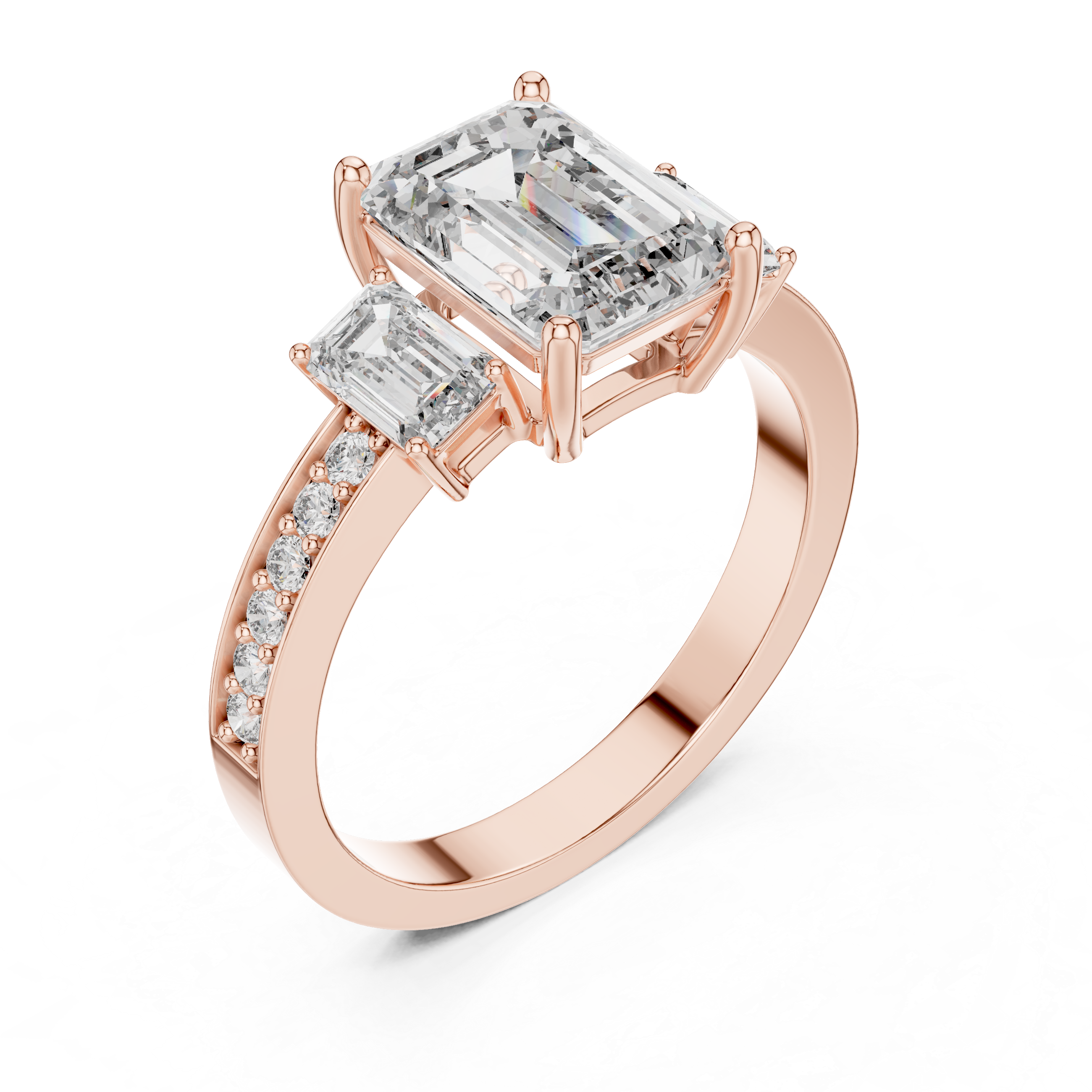 Emerald Cut Three Stone Engagement Ring with Pavé Band