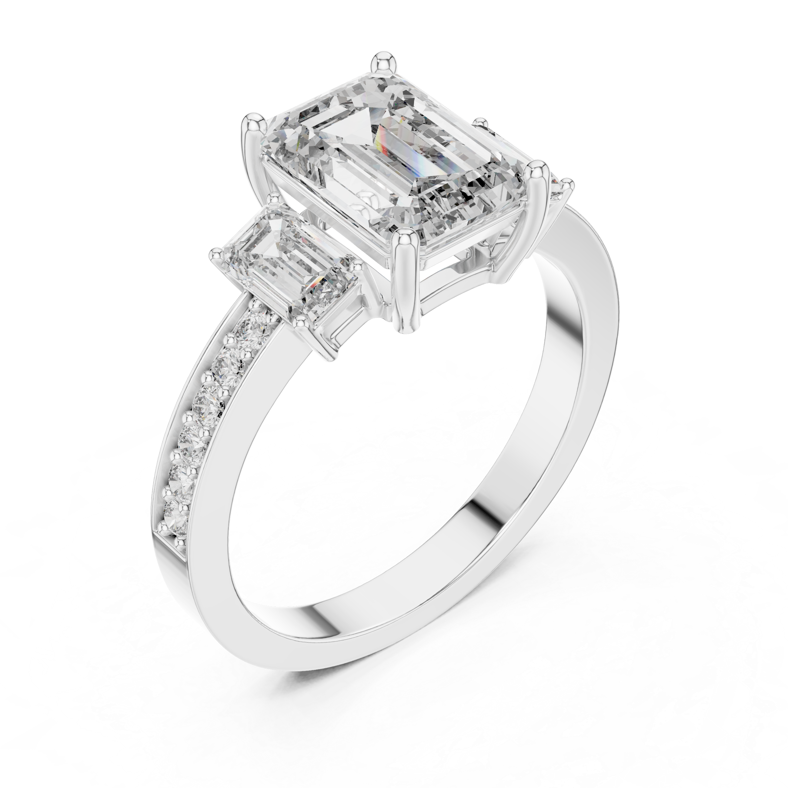 Emerald Cut Three Stone Engagement Ring with Pavé Band