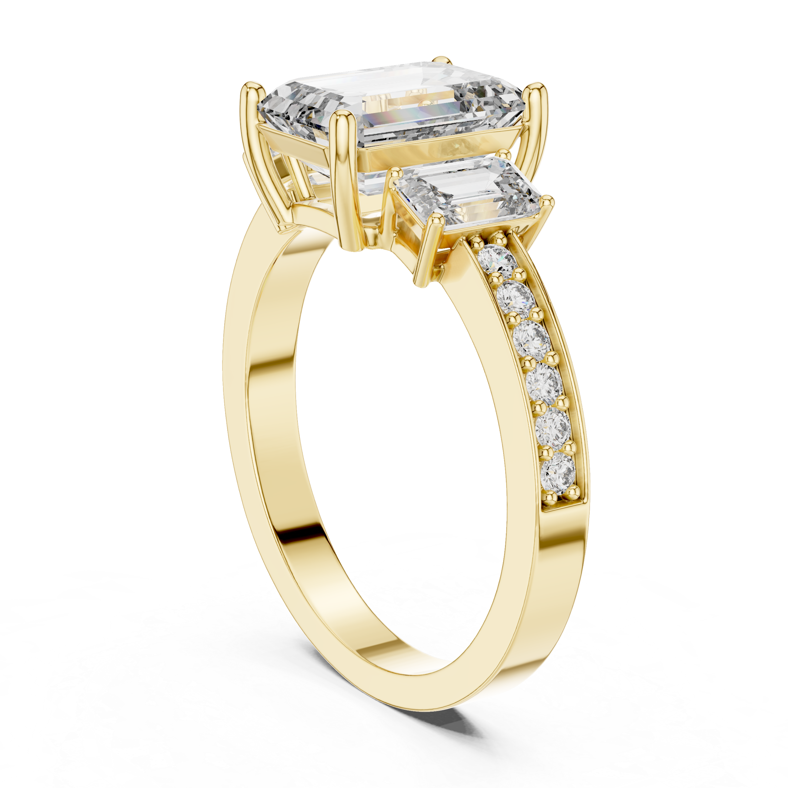 Emerald Cut Three Stone Engagement Ring with Pavé Band