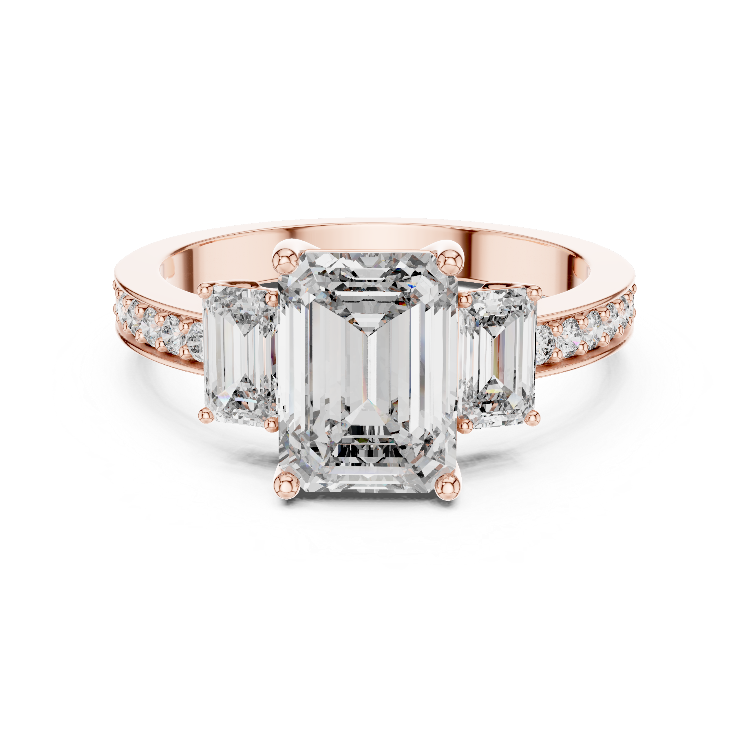 Emerald Cut Three Stone Engagement Ring with Pavé Band
