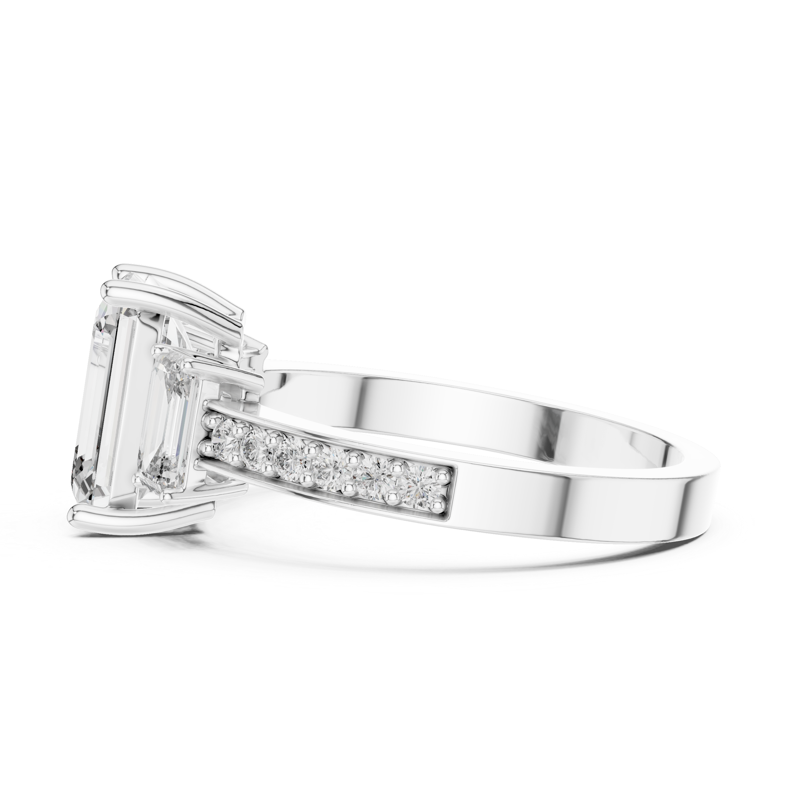 Emerald Cut Three Stone Engagement Ring with Pavé Band