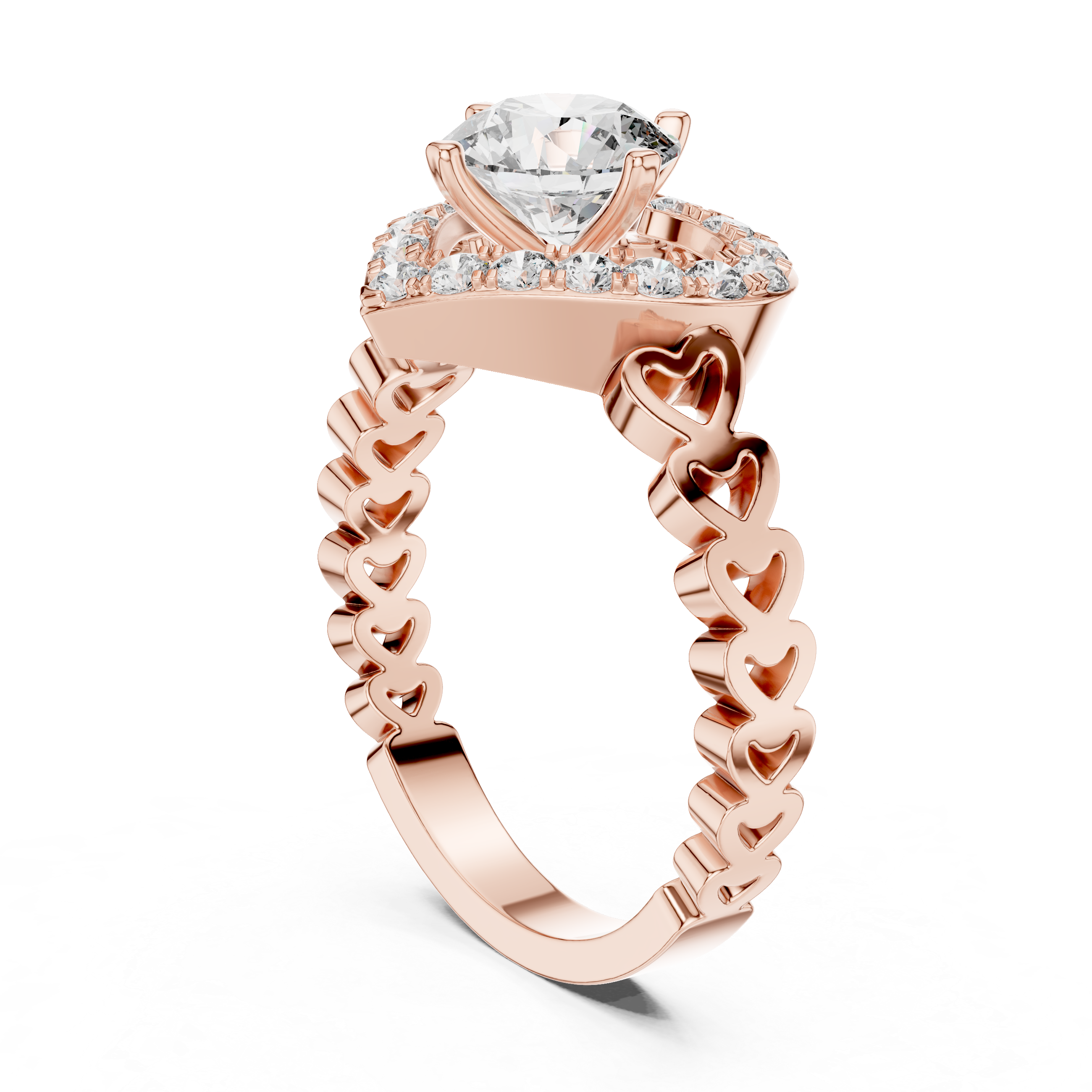 Heart Halo Diamond Ring with Open Heart Band Design