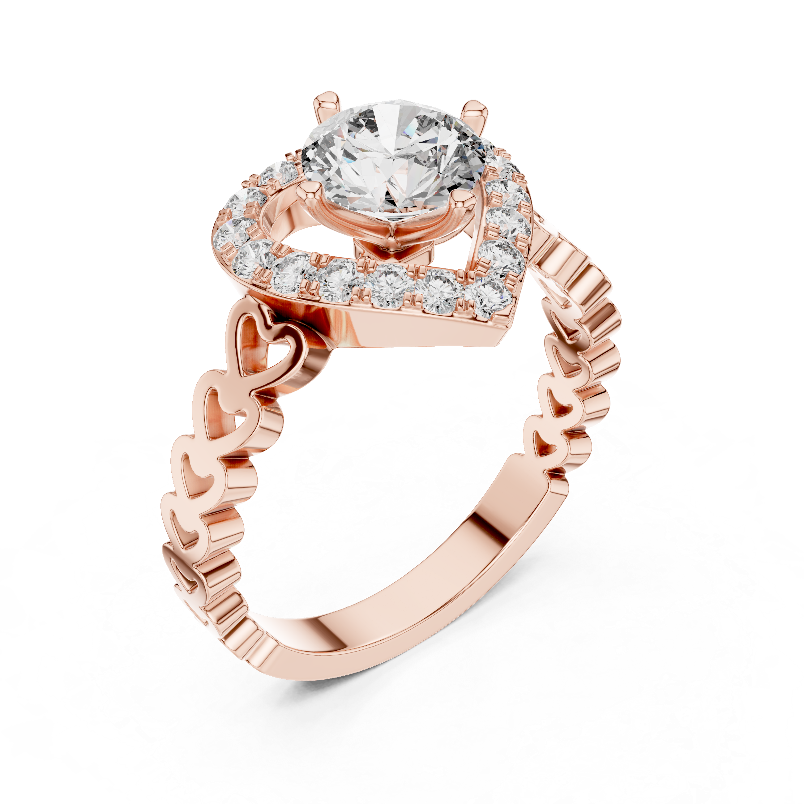 Heart Halo Diamond Ring with Open Heart Band Design