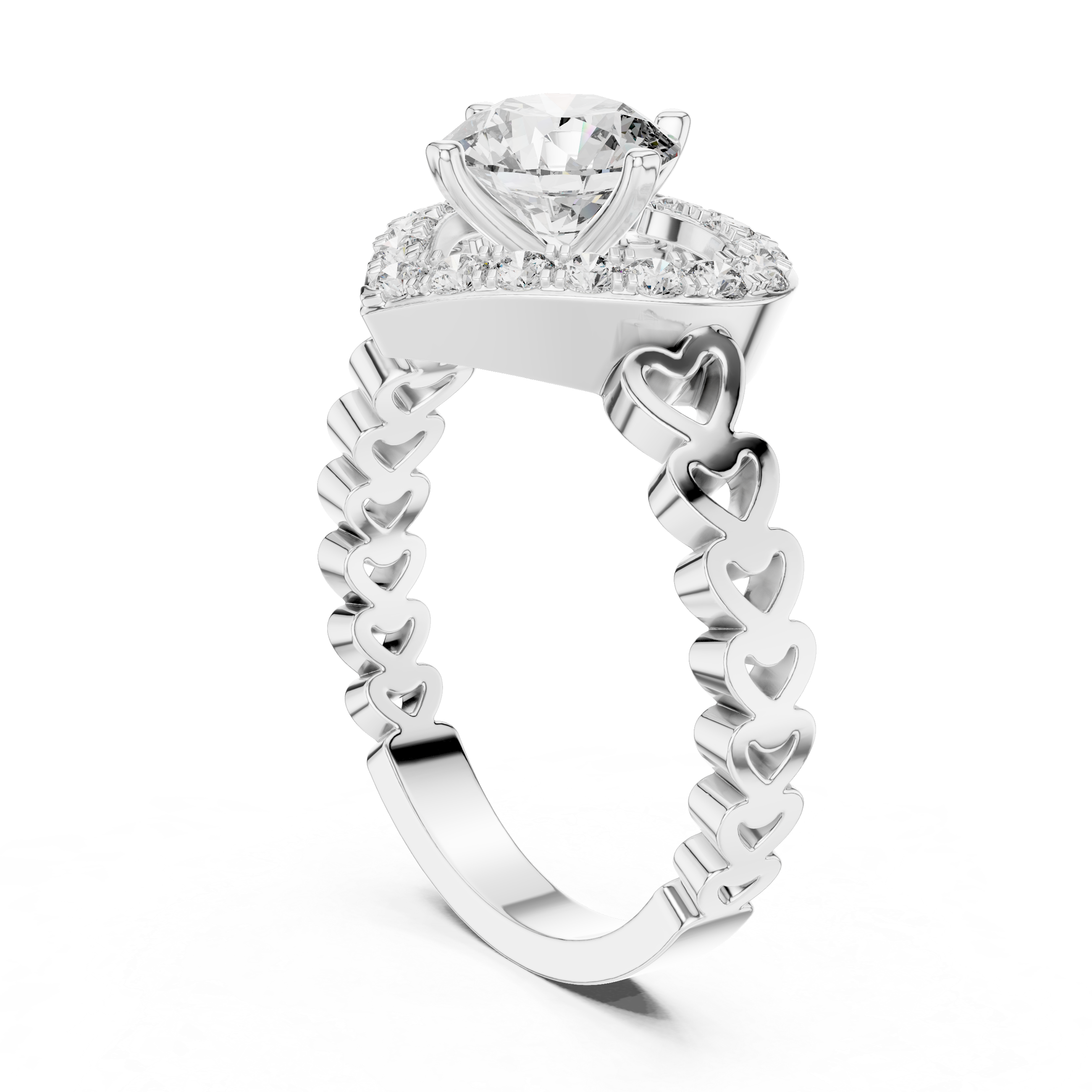Heart Halo Diamond Ring with Open Heart Band Design