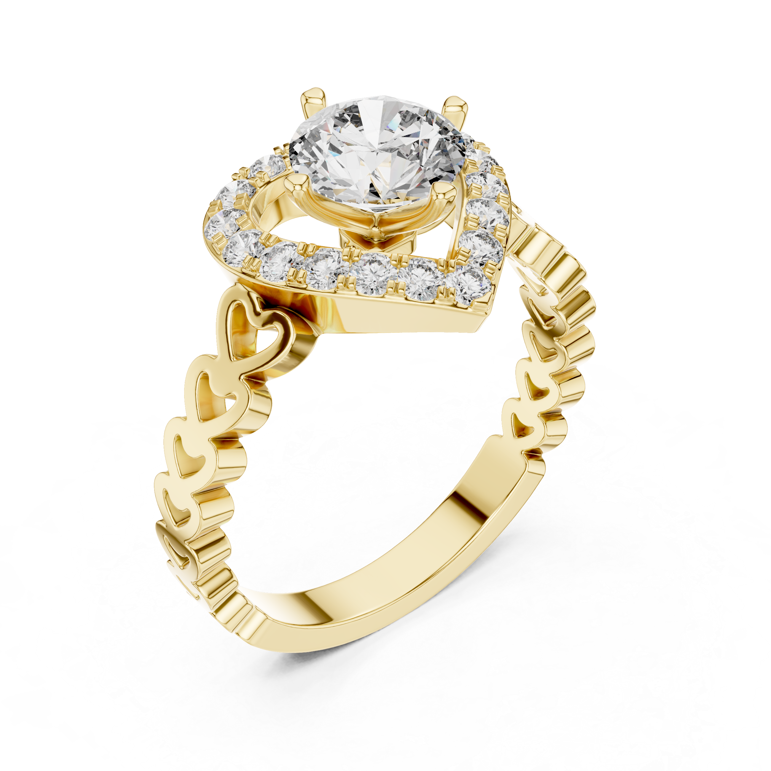 Heart Halo Diamond Ring with Open Heart Band Design