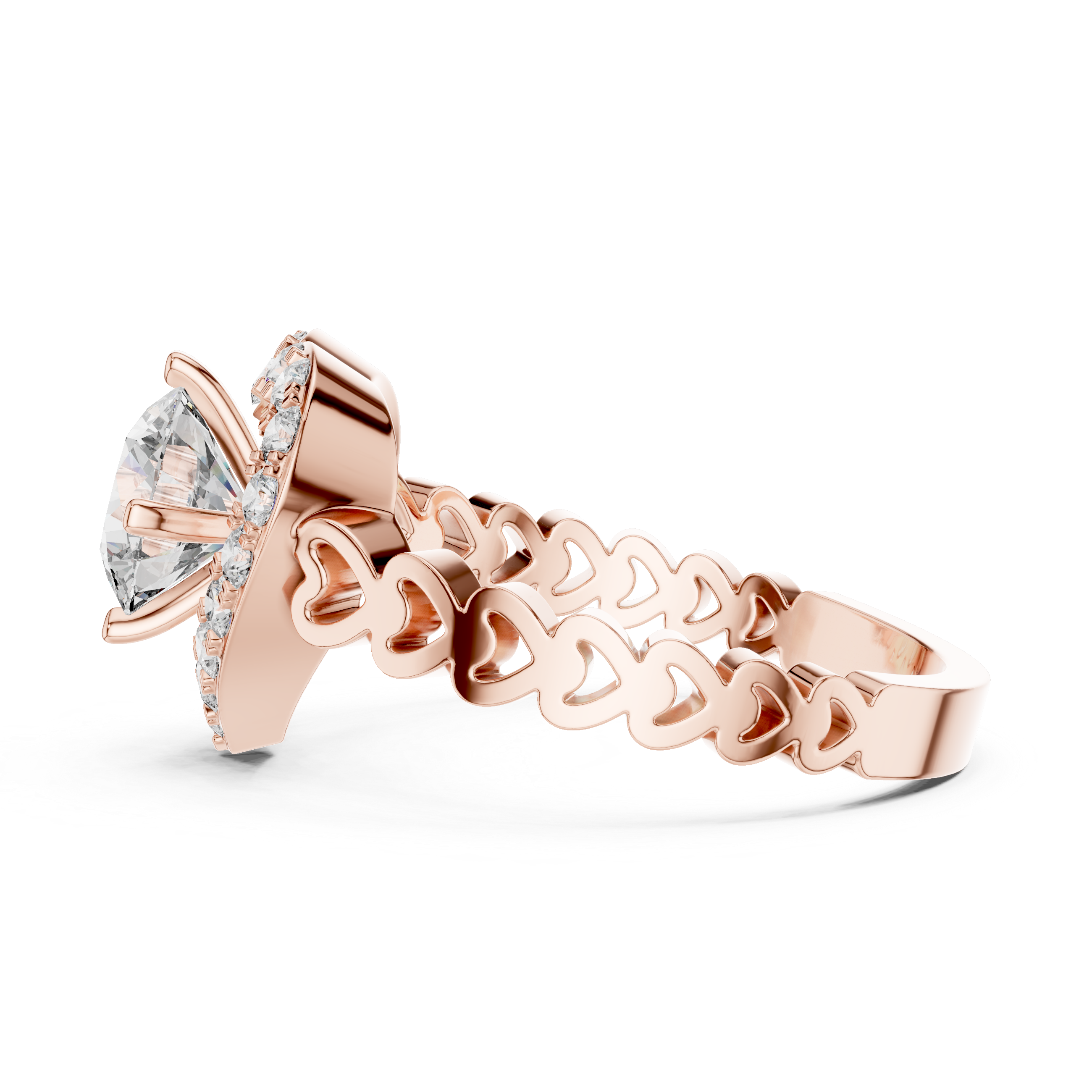 Heart Halo Diamond Ring with Open Heart Band Design