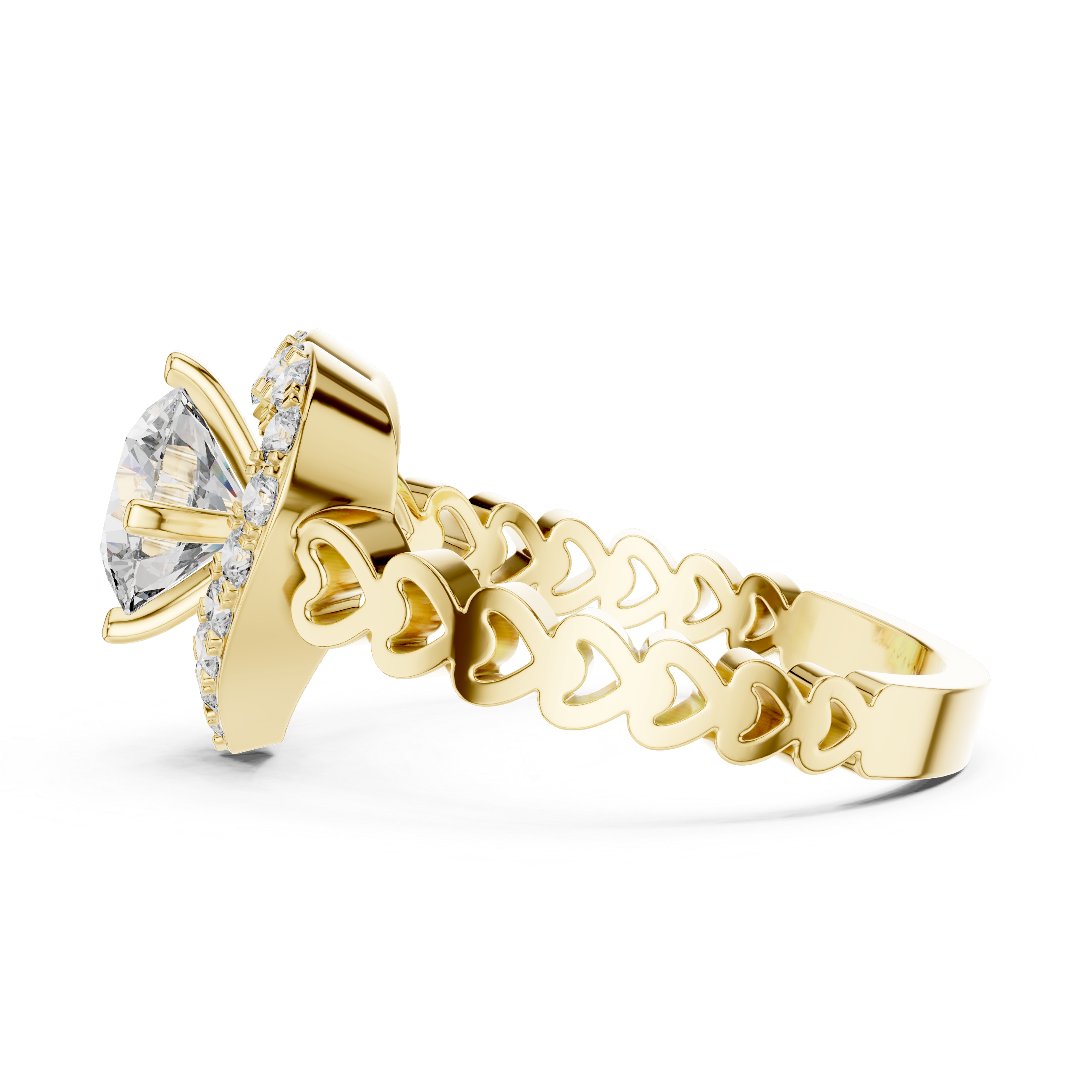 Heart Halo Diamond Ring with Open Heart Band Design