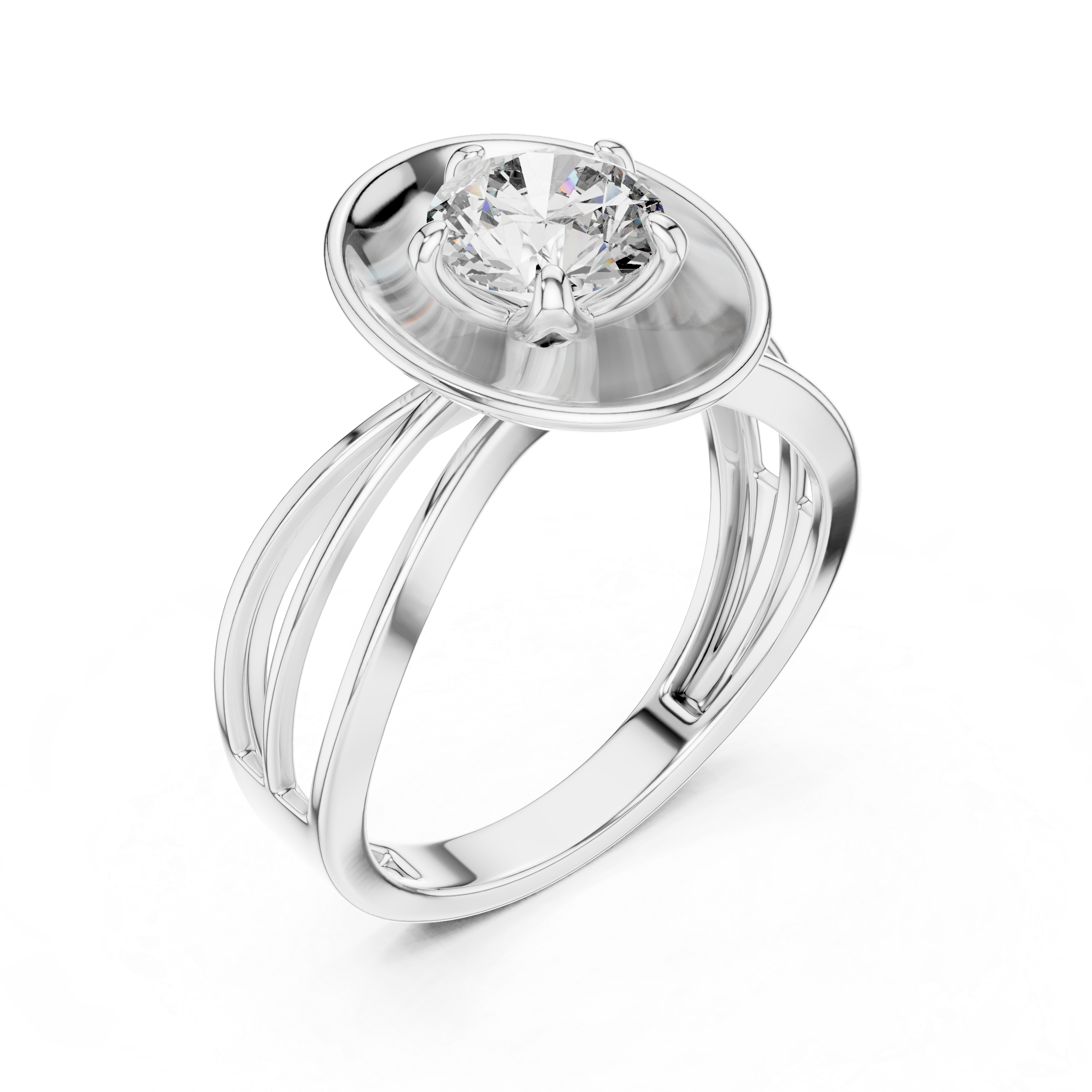 Modern Oval Halo Solitaire Ring with Split Shank Band