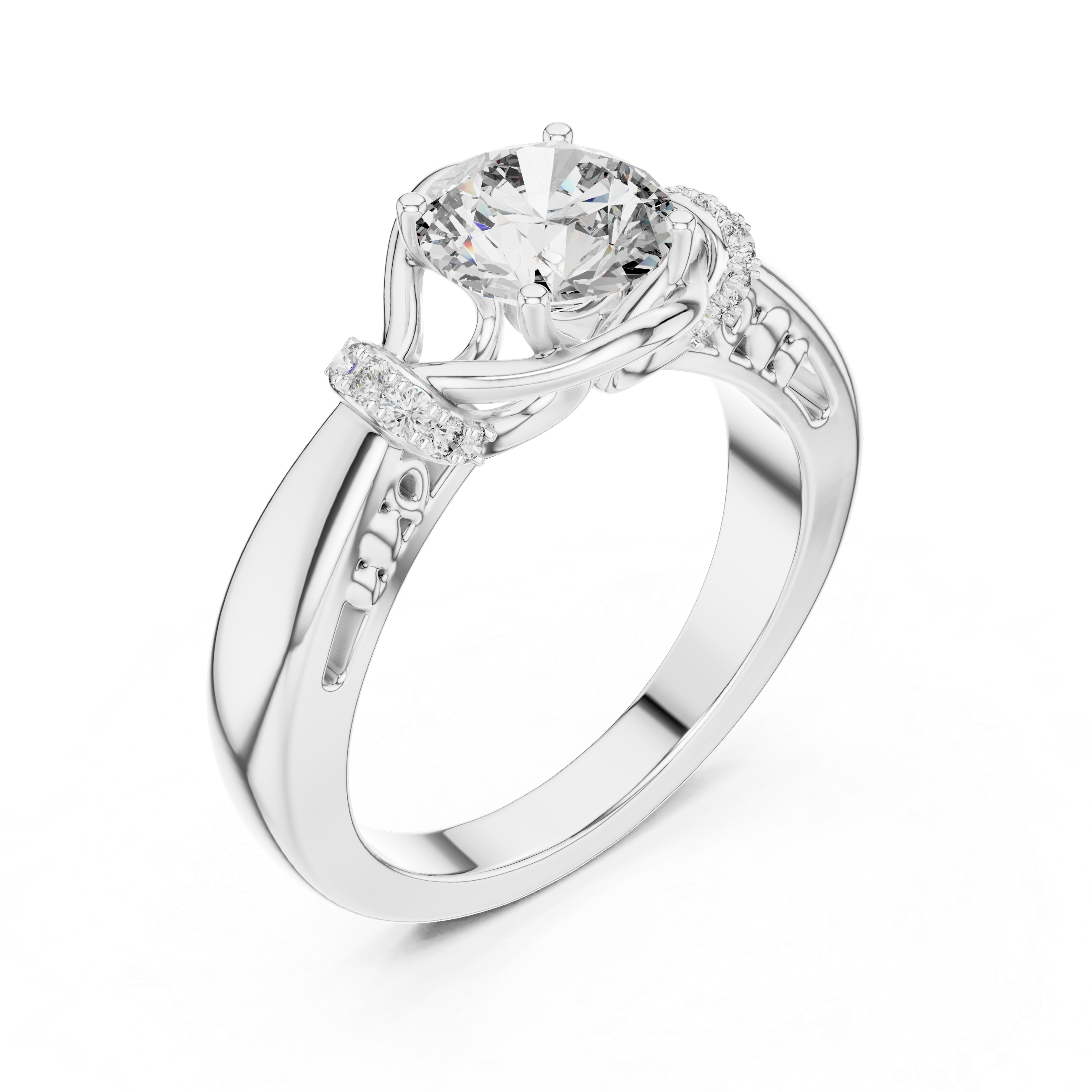 Vintage Inspired Round Solitaire Engagement Ring with Diamond Accent Halo Shoulders