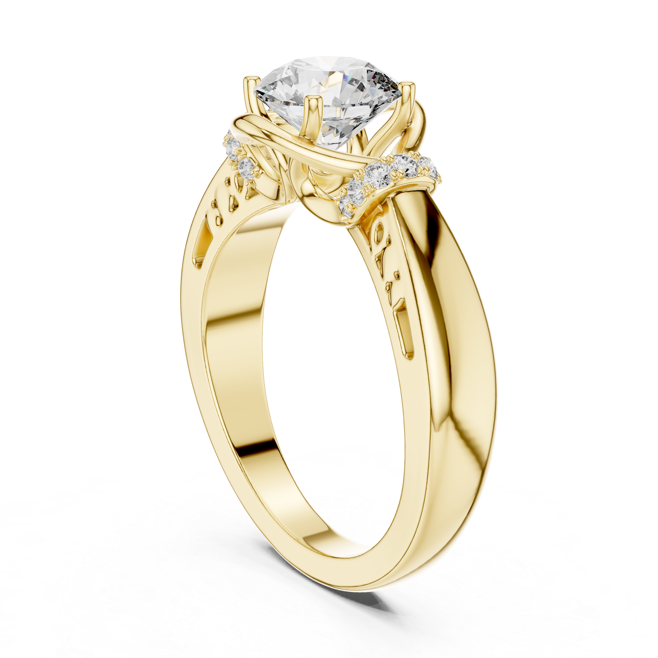 Vintage Inspired Round Solitaire Engagement Ring with Diamond Accent Halo Shoulders